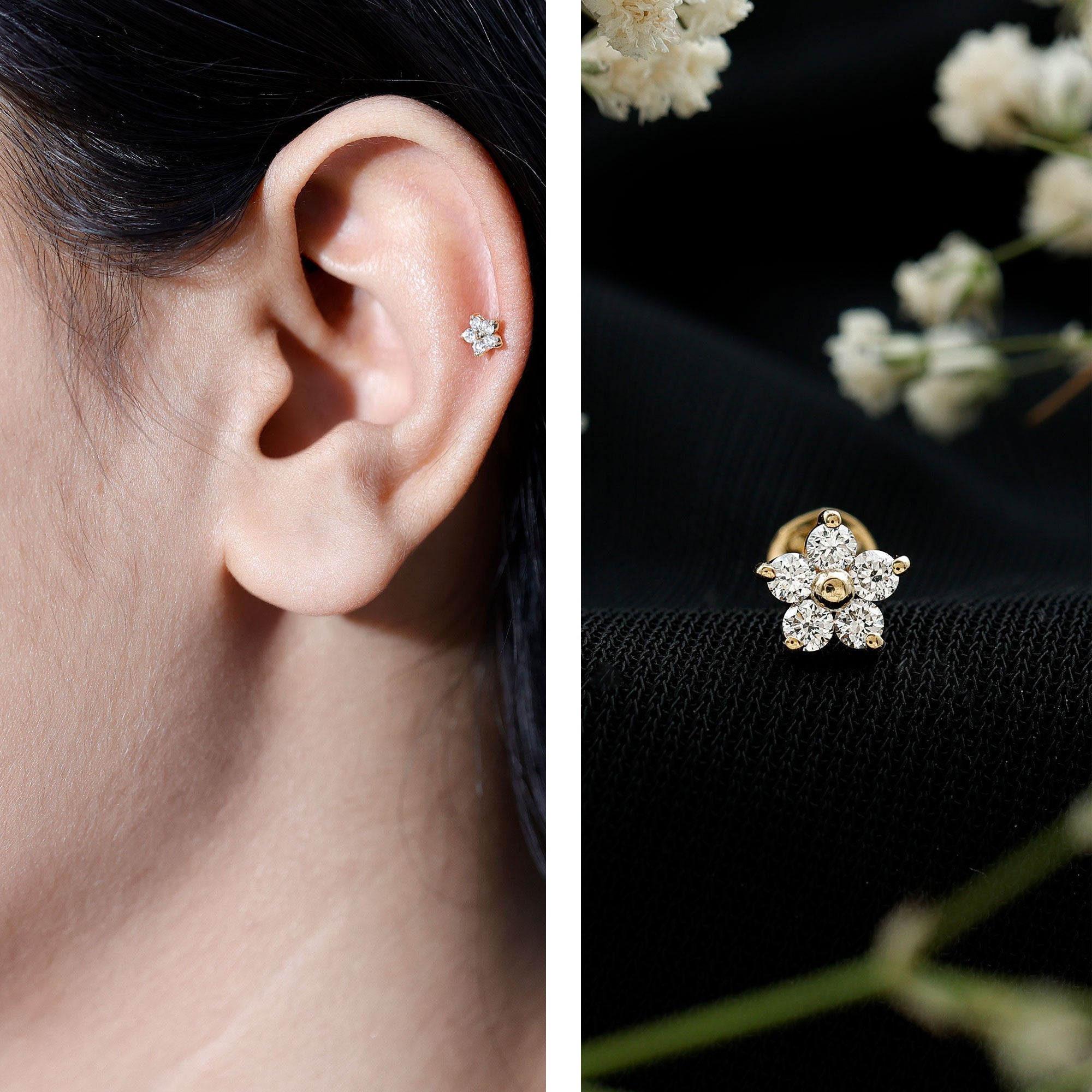 Minimalist Diamond Flower Tragus Earring with Flat Back | Body Jewelry | Wiccan Center