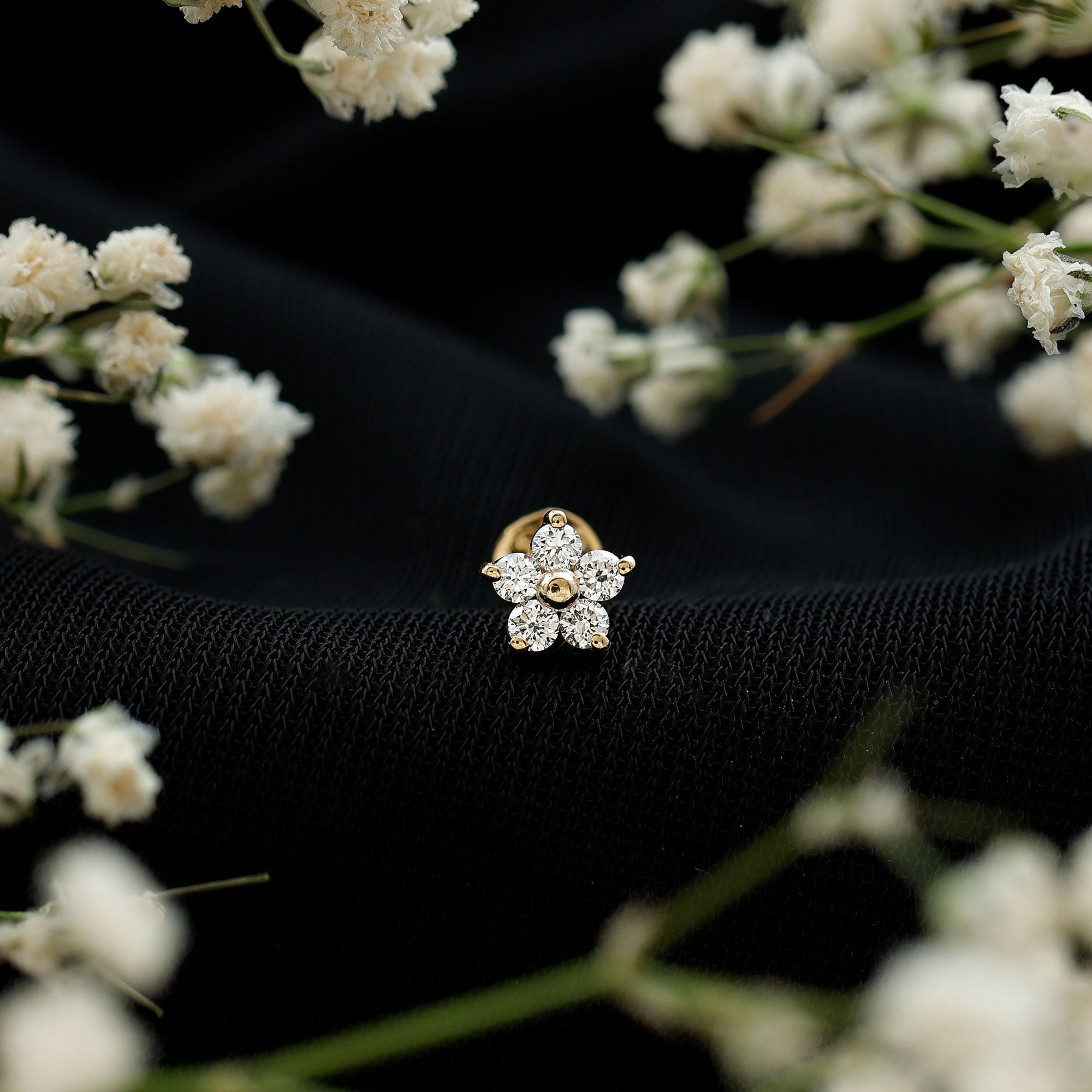 Minimalist Diamond Flower Tragus Earring with Flat Back | Body Jewelry | Wiccan Center