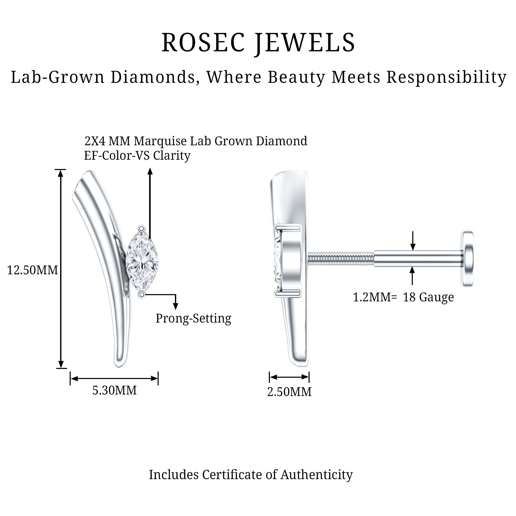 Marquise Cut Diamond Solitaire Earring for Tragus Piercing | Body Jewelry | Wiccan Center