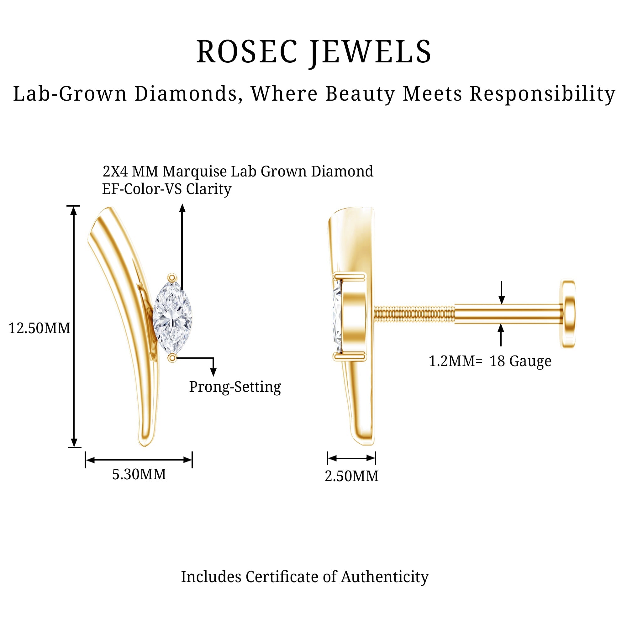 Marquise Cut Diamond Solitaire Earring for Tragus Piercing | Body Jewelry | Wiccan Center