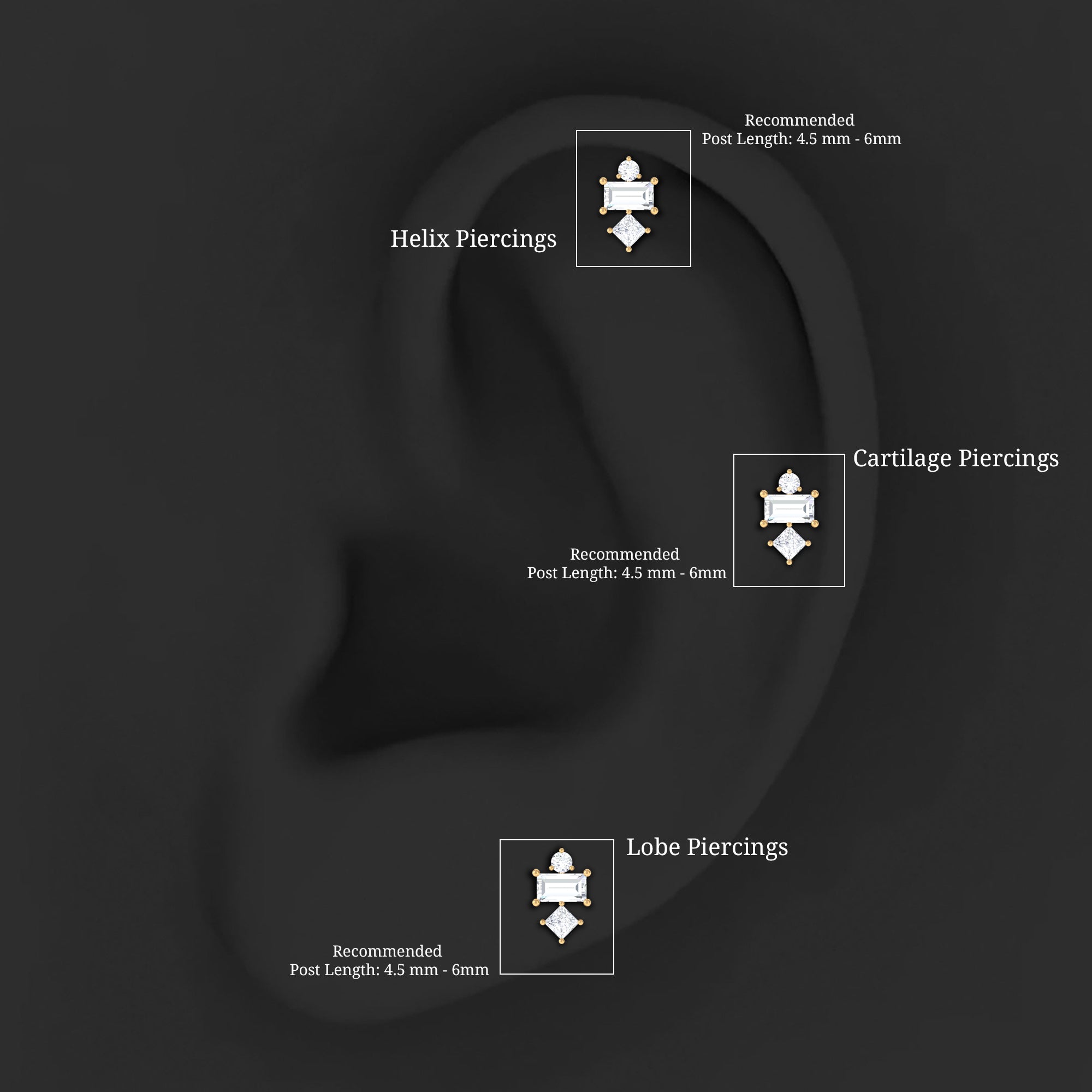 Genuine Diamond Three Stone Earring for Tragus Piercing | Body Jewelry | Wiccan Center