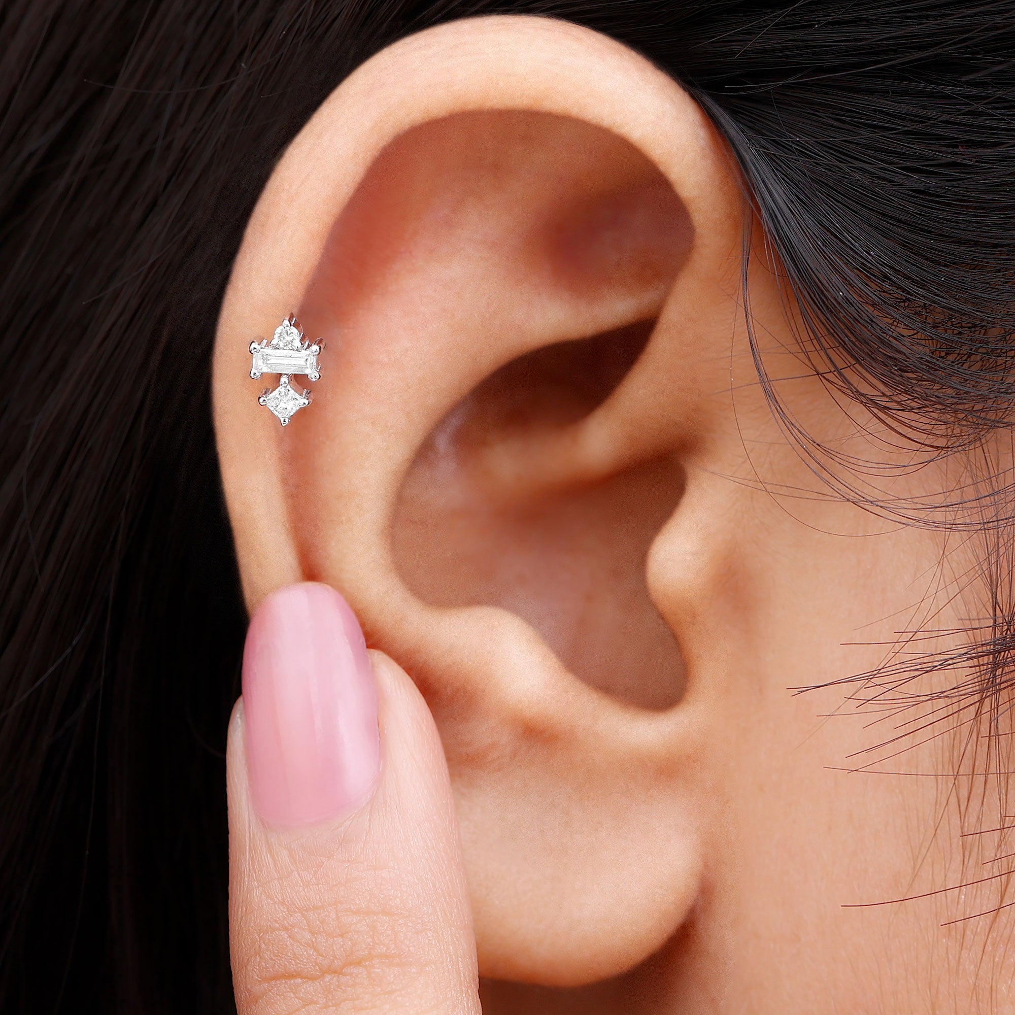 Genuine Diamond Three Stone Earring for Tragus Piercing | Body Jewelry | Wiccan Center