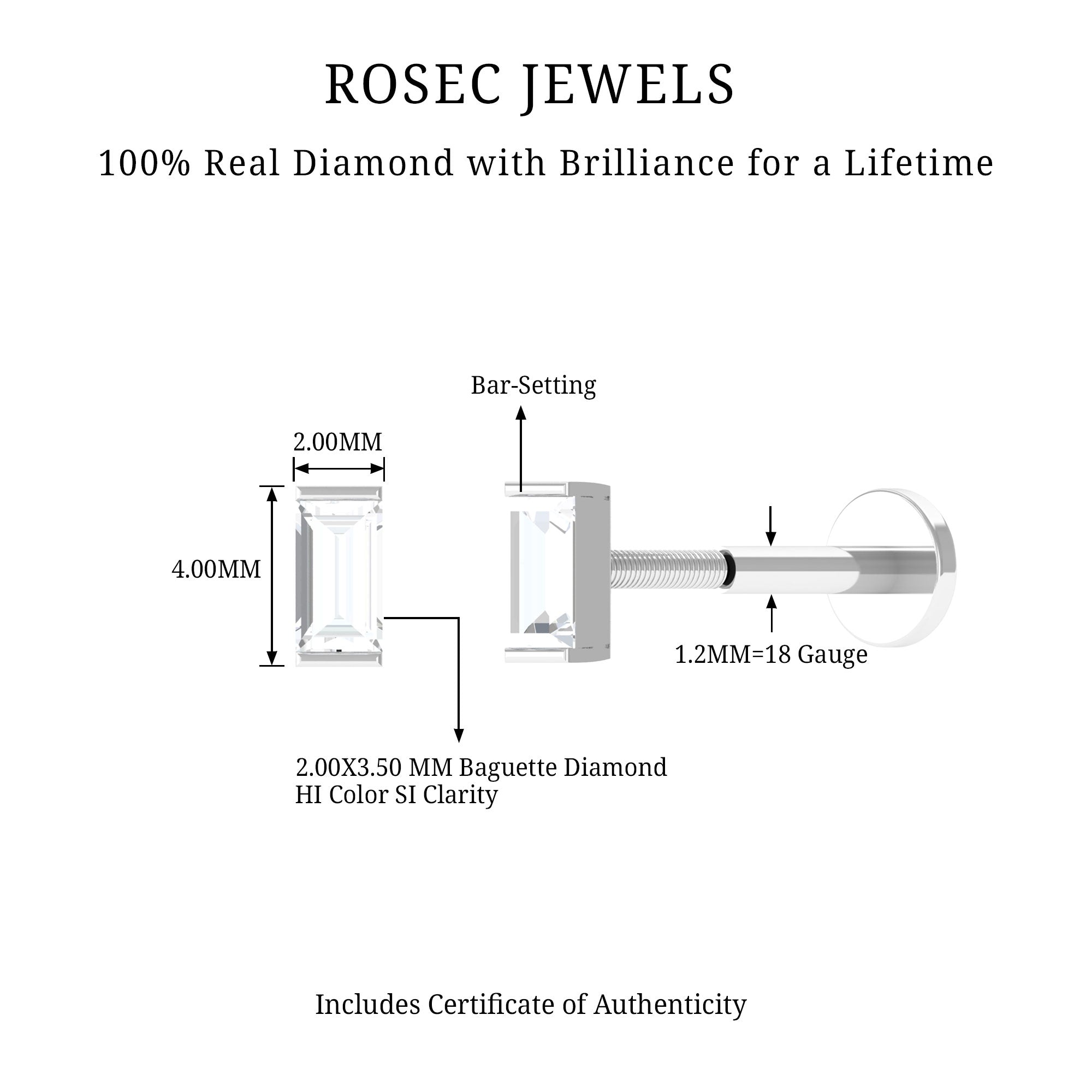 Solitaire Baguette Diamond Earring for Tragus Piercing | Body Jewelry | Wiccan Center