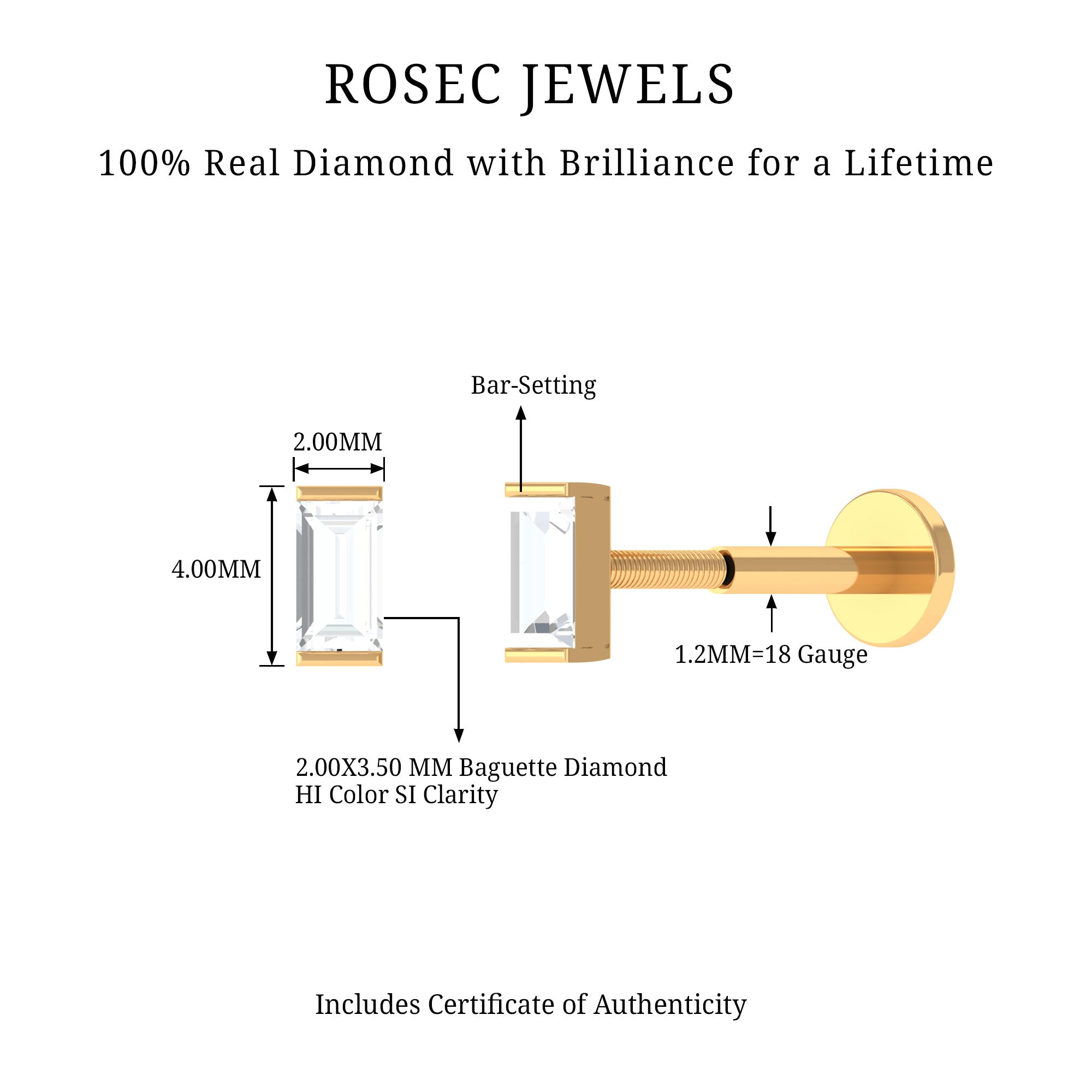 Solitaire Baguette Diamond Earring for Tragus Piercing | Body Jewelry | Wiccan Center