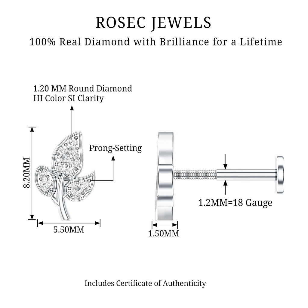 Diamond Leaf Flat Back Cartilage Stud Earring (18G) – Nature Inspired Helix & Tragus Jewelry in Gold | Body Jewelry | Wiccan Center