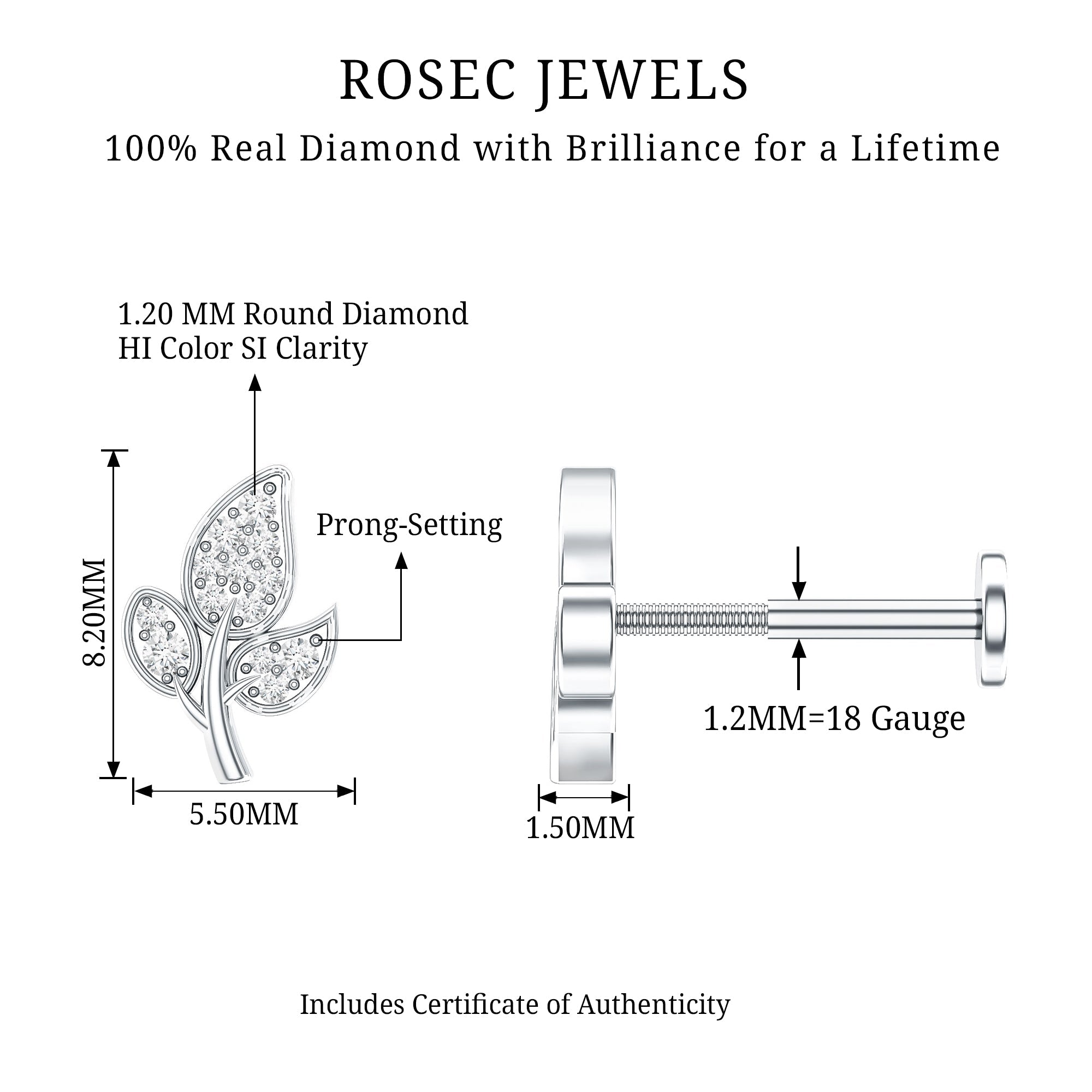 Diamond Leaf Flat Back Cartilage Stud Earring (18G) – Nature Inspired Helix & Tragus Jewelry in Gold | Body Jewelry | Wiccan Center