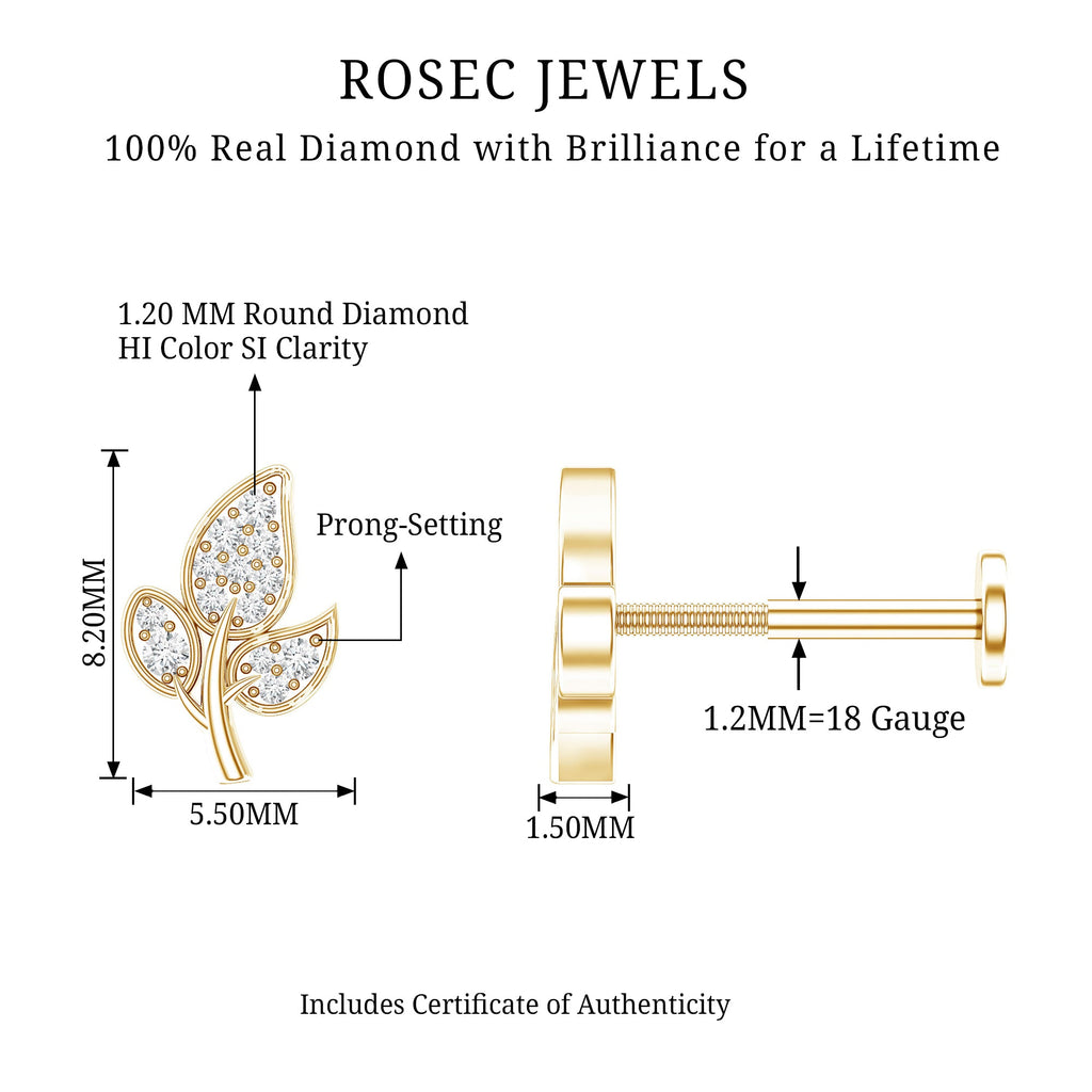 Diamond Leaf Flat Back Cartilage Stud Earring (18G) – Nature Inspired Helix & Tragus Jewelry in Gold | Body Jewelry | Wiccan Center