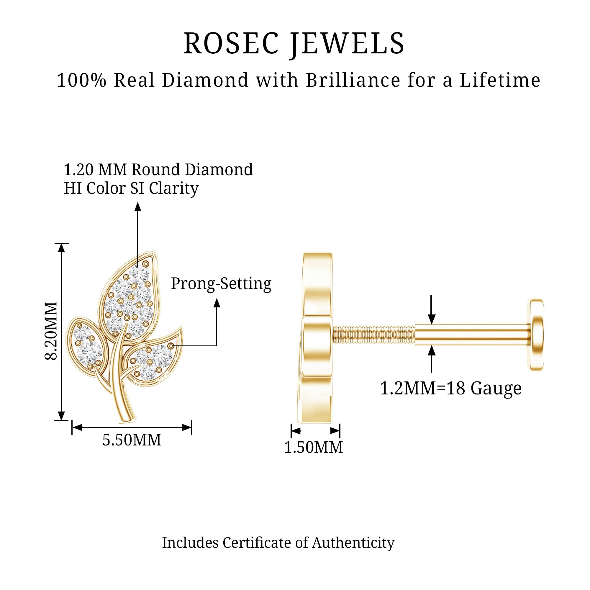 Diamond Leaf Flat Back Cartilage Stud Earring (18G) – Nature Inspired Helix & Tragus Jewelry in Gold | Body Jewelry | Wiccan Center
