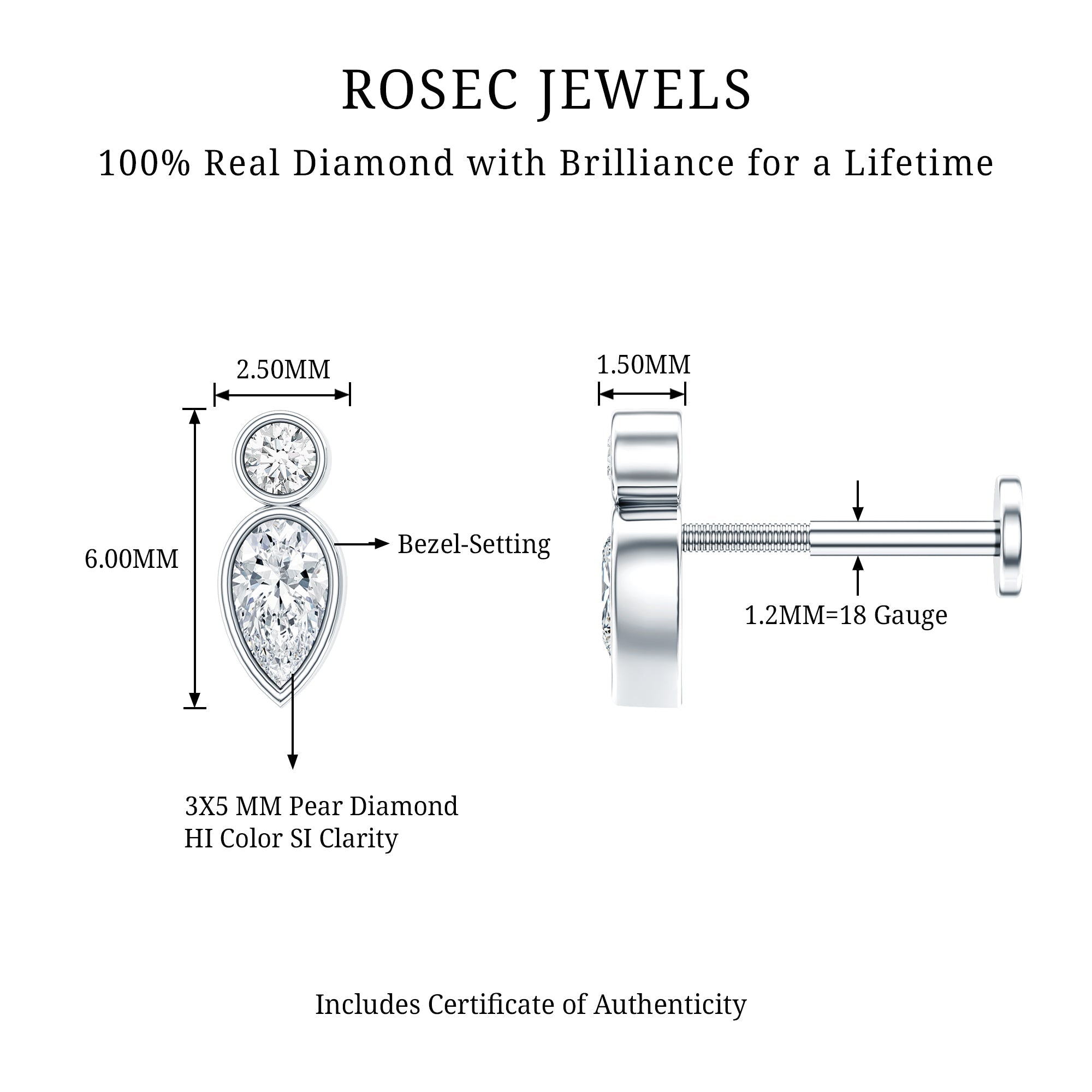 Minimal Pear Diamond Tragus Earring in Bezel Setting | Body Jewelry | Wiccan Center
