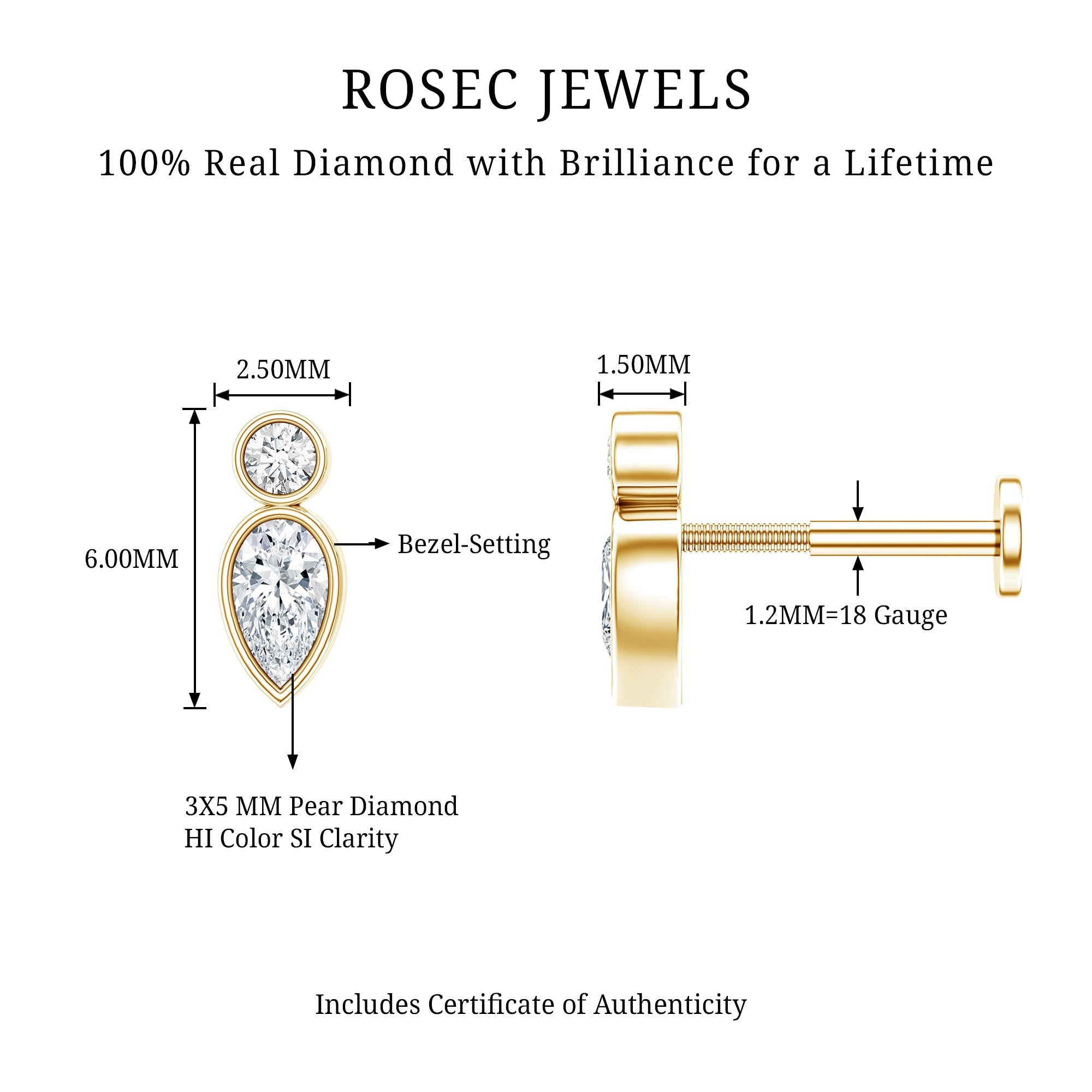 Minimal Pear Diamond Tragus Earring in Bezel Setting | Body Jewelry | Wiccan Center
