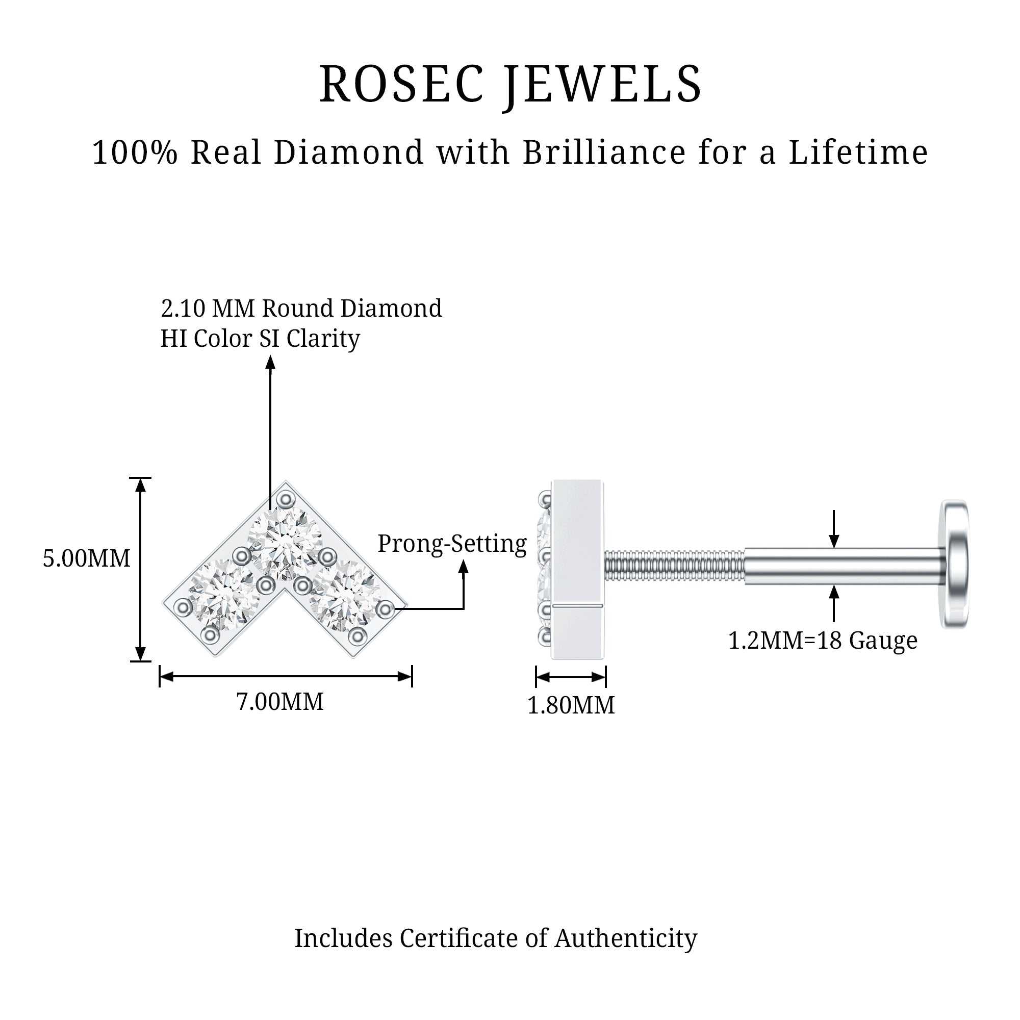 Certified Diamond Chevron V Earring for Tragus Piercing | Body Jewelry | Wiccan Center