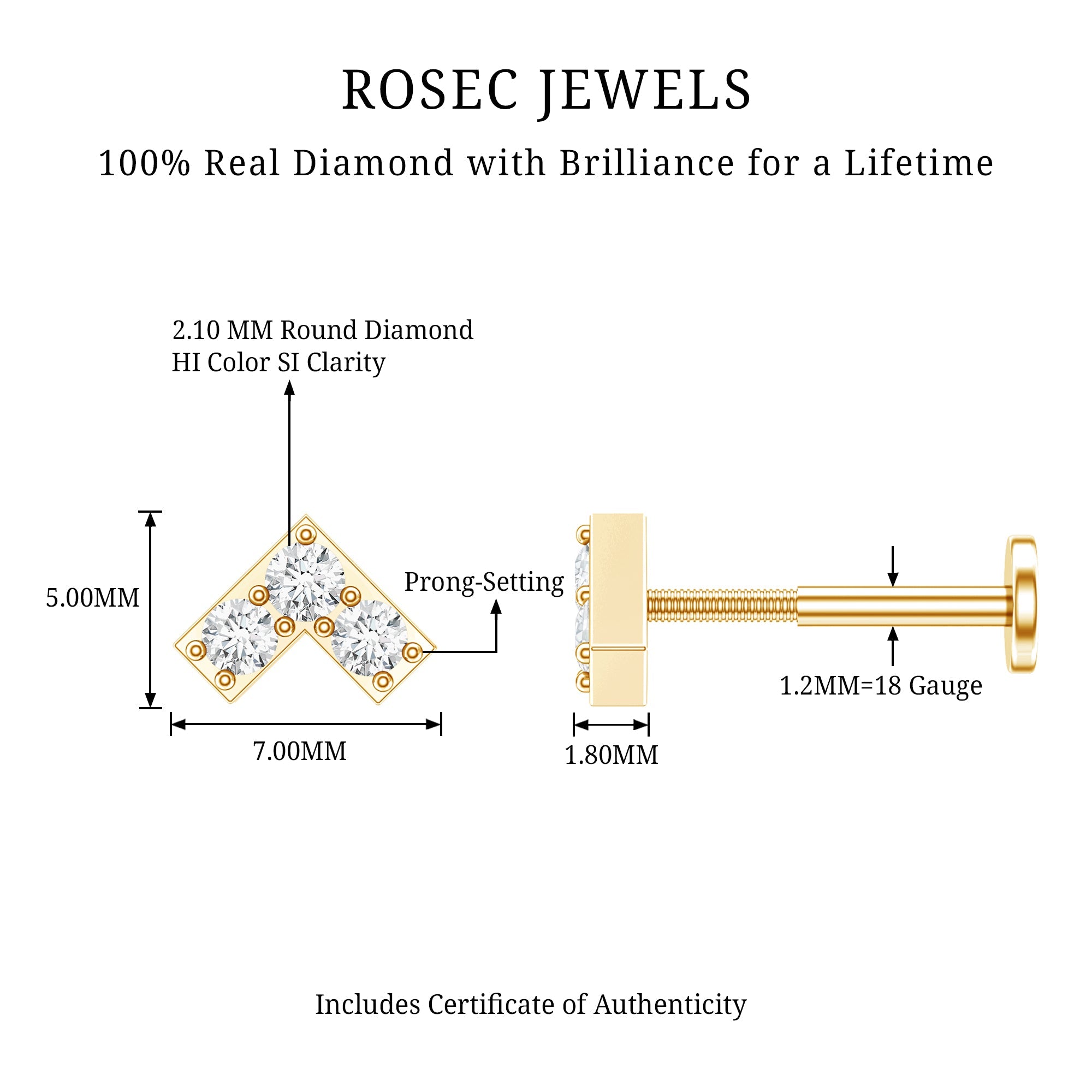 Certified Diamond Chevron V Earring for Tragus Piercing | Body Jewelry | Wiccan Center