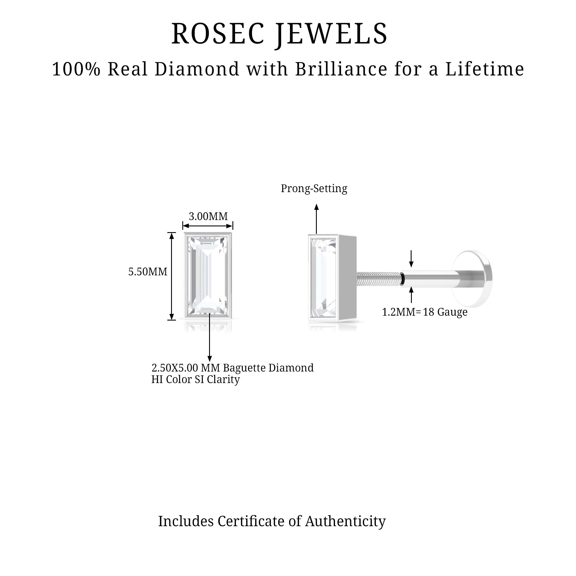 Baguette Diamond Tragus Earring in Bezel Setting | Body Jewelry | Wiccan Center