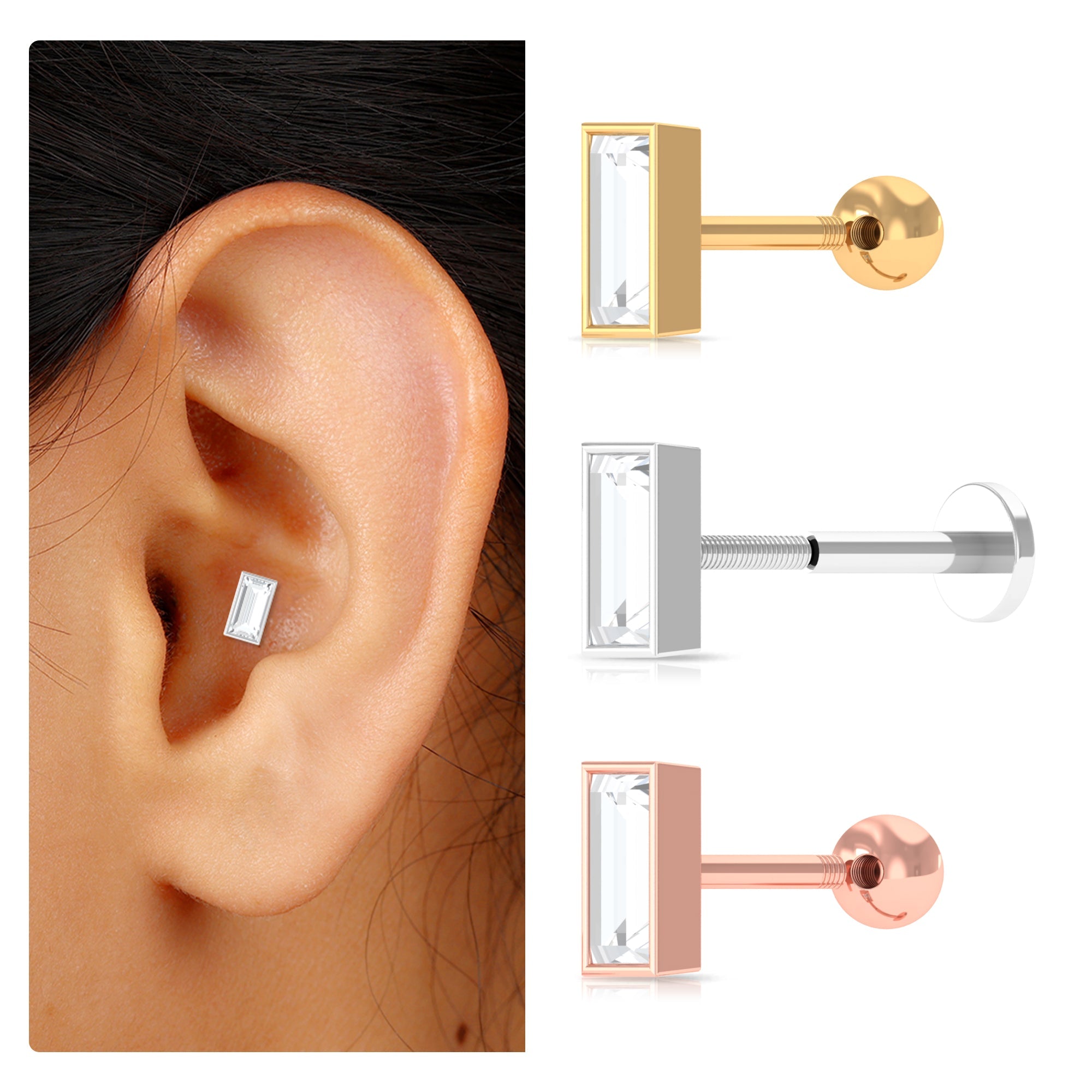Baguette Diamond Tragus Earring in Bezel Setting | Body Jewelry | Wiccan Center