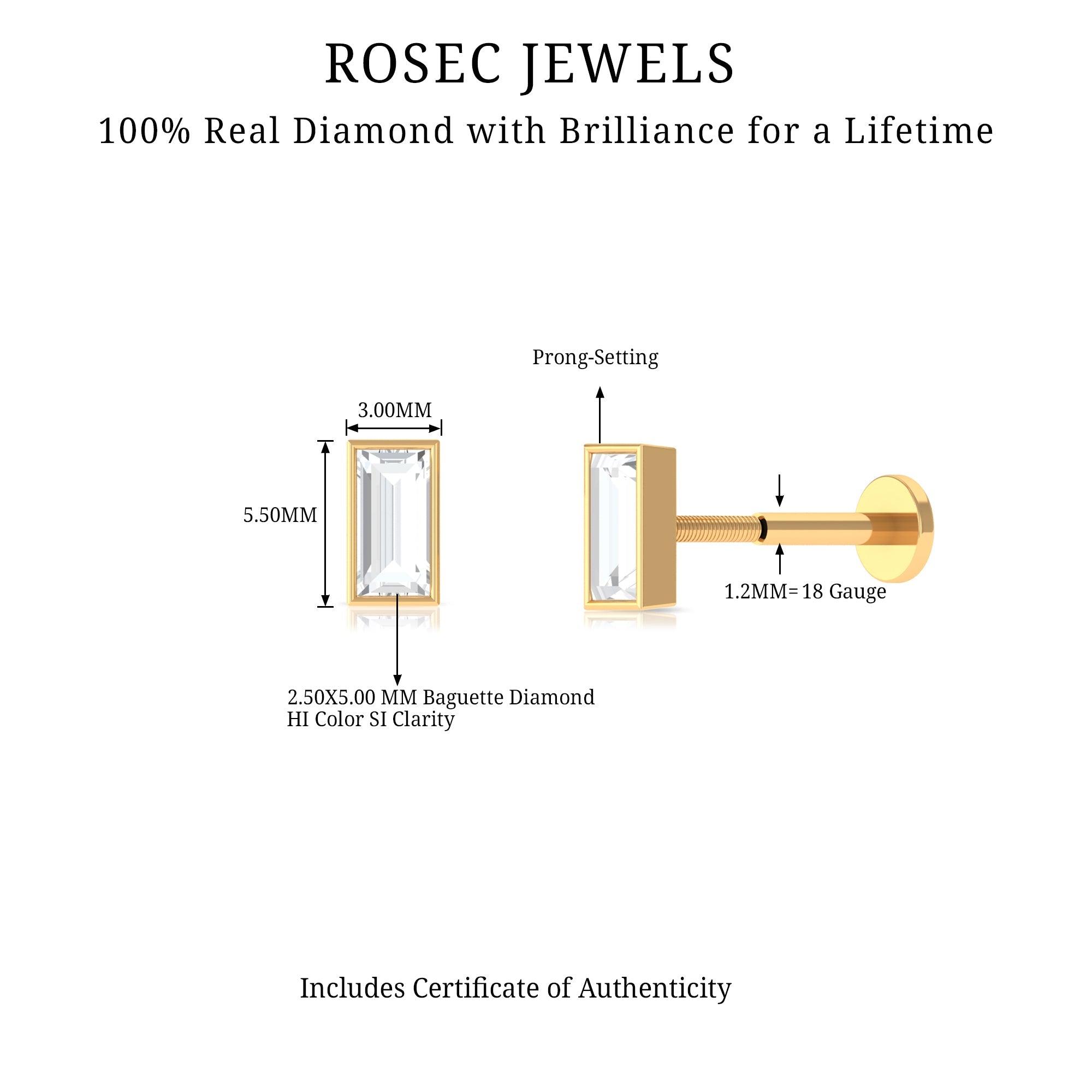 Baguette Diamond Tragus Earring in Bezel Setting | Body Jewelry | Wiccan Center