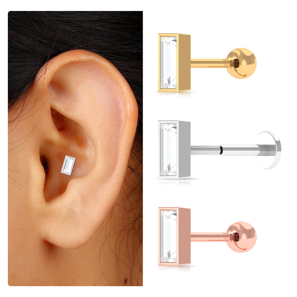 Baguette Diamond Tragus Earring in Bezel Setting | Body Jewelry | Wiccan Center