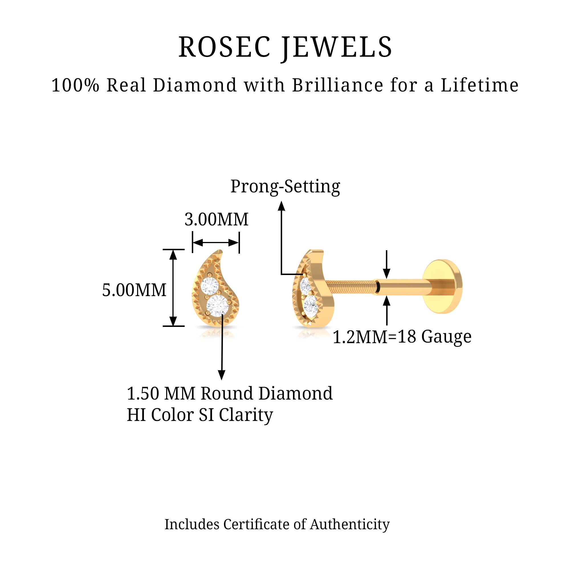 Natural Diamond Gold Petal Cartilage Earring | Body Jewelry | Wiccan Center