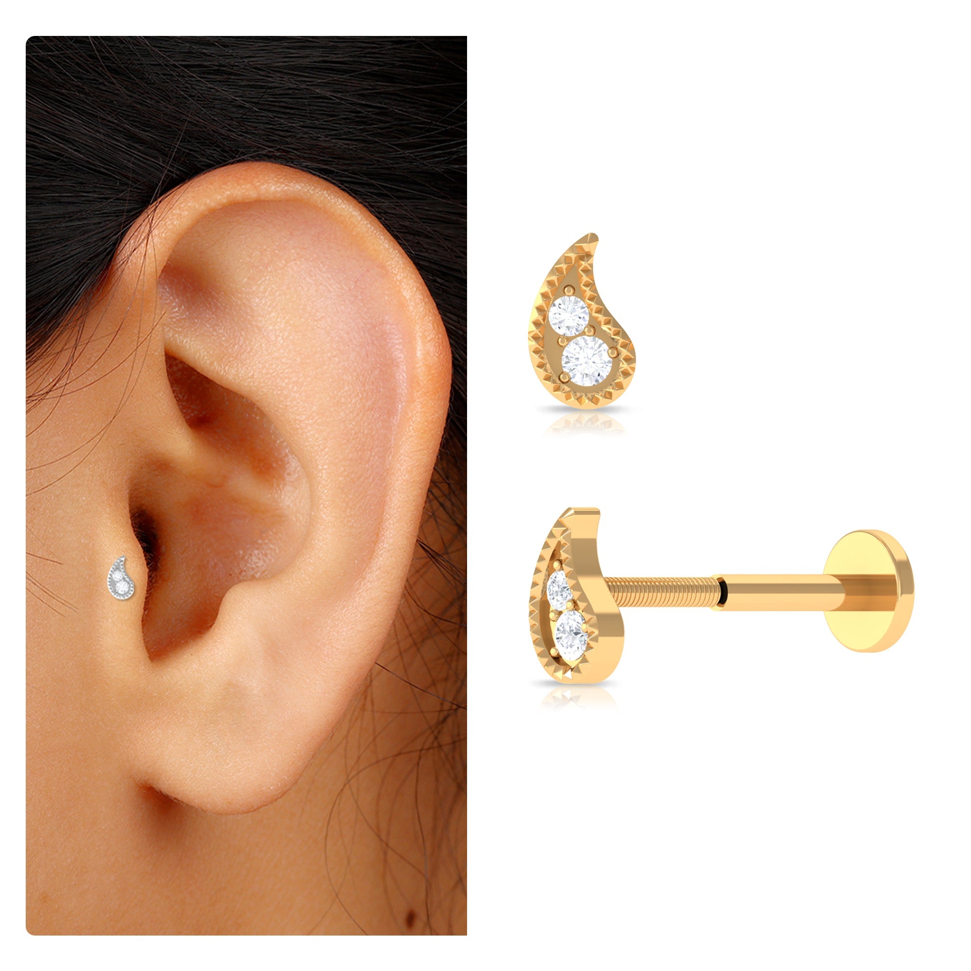 Natural Diamond Gold Petal Cartilage Earring | Body Jewelry | Wiccan Center