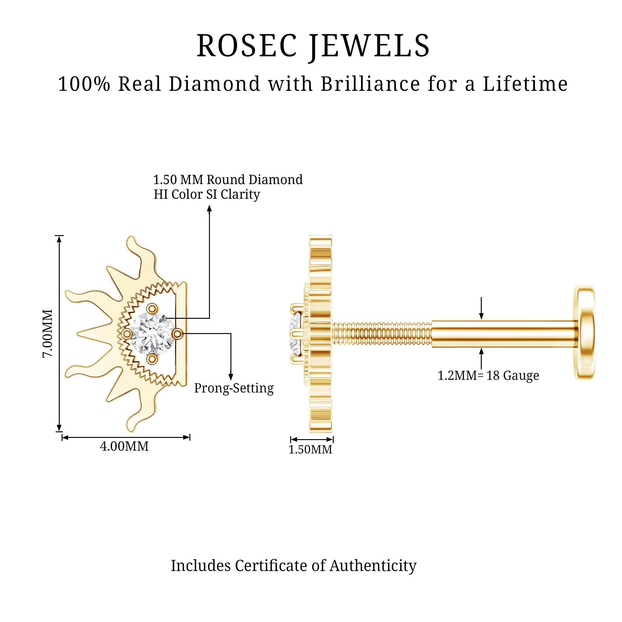 Diamond Half Sun Tragus Earring | Body Jewelry | Wiccan Center