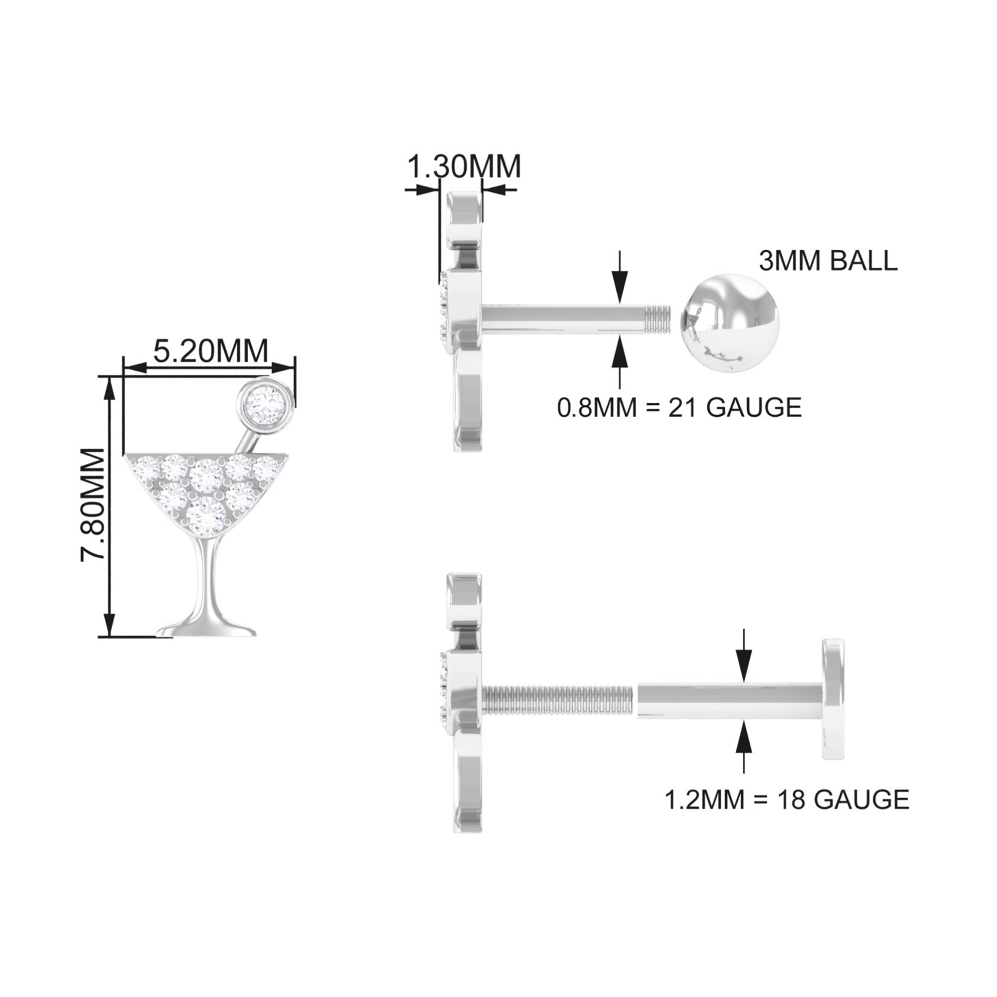 Diamond Wine Glass Earring for Tragus Piercing | Body Jewelry | Wiccan Center