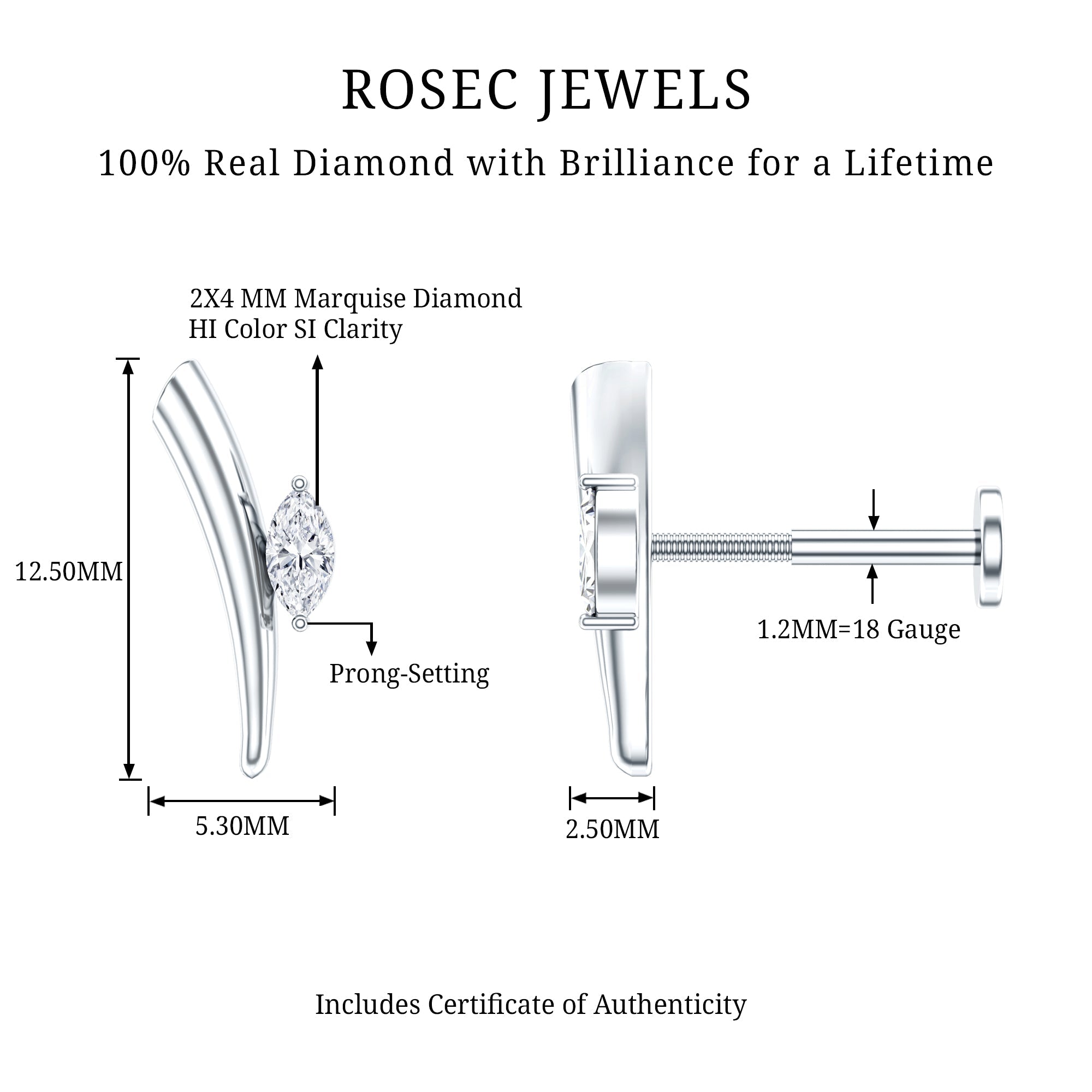 Marquise Cut Diamond Solitaire Earring for Tragus Piercing | Body Jewelry | Wiccan Center