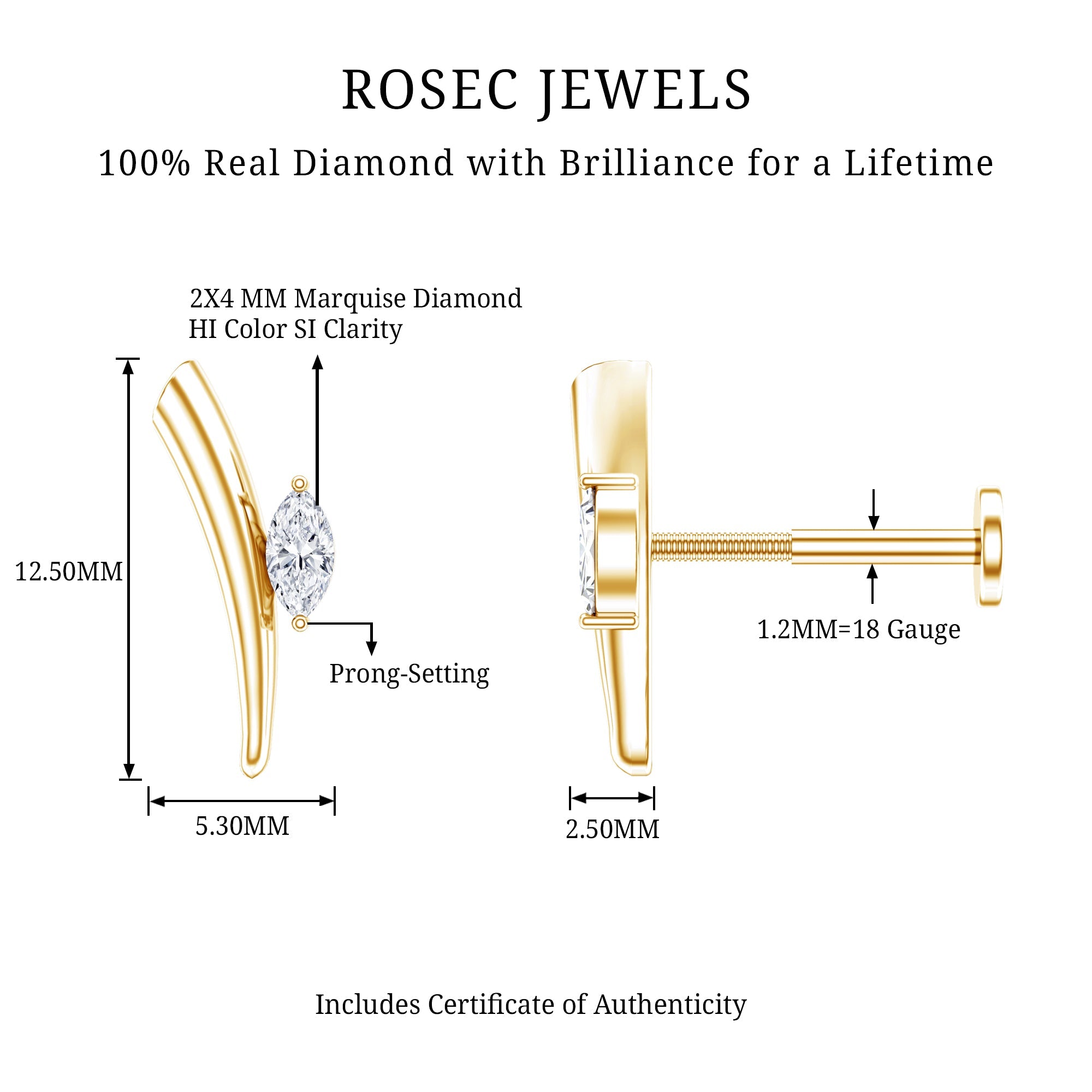 Marquise Cut Diamond Solitaire Earring for Tragus Piercing | Body Jewelry | Wiccan Center