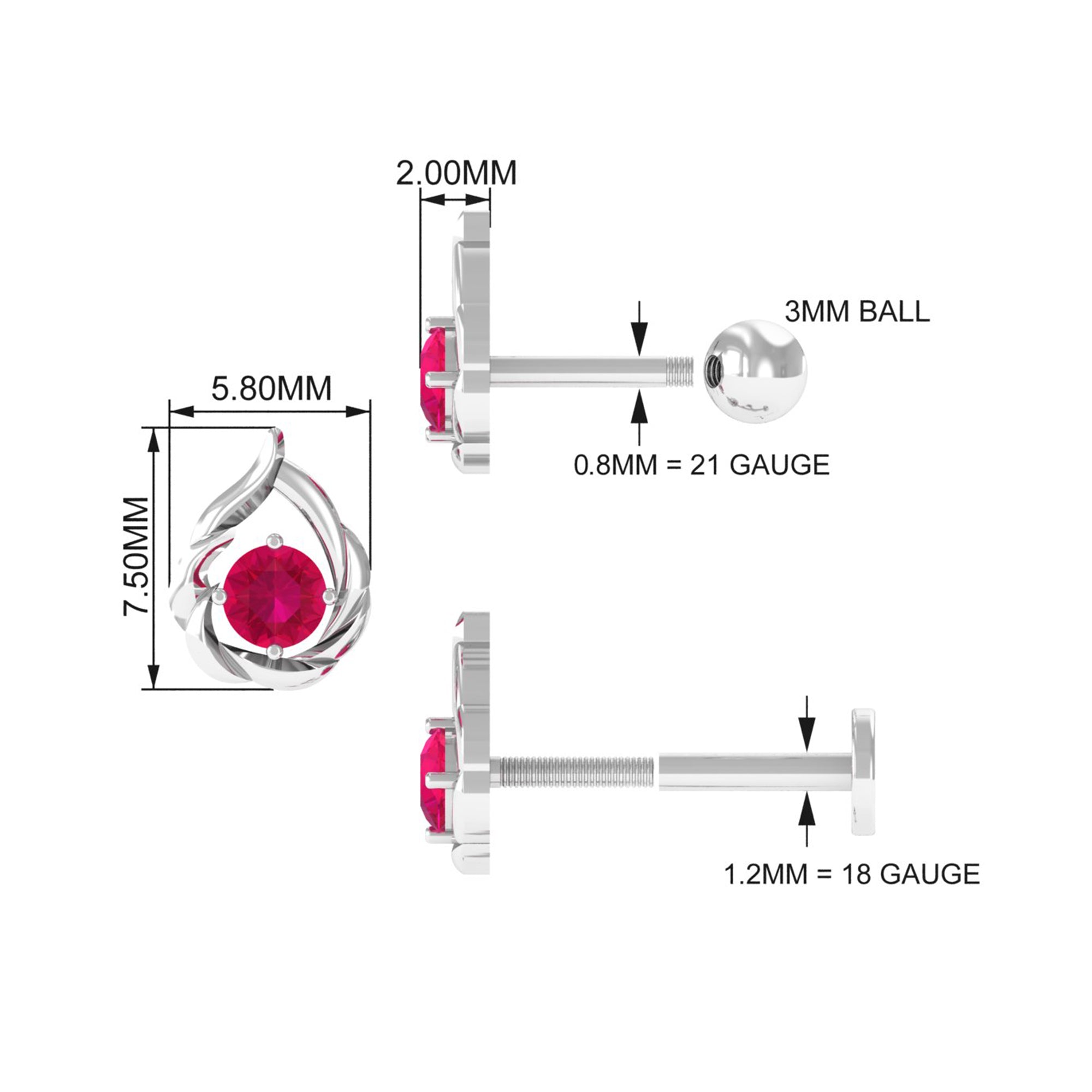 Natural Ruby Simple Tragus Earring | Body Jewelry | Wiccan Center