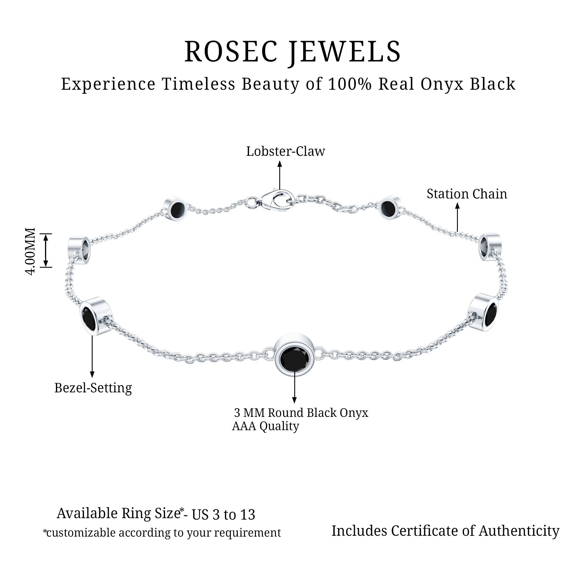 Bezel Set Black Onyx Seven Stone Station Chain Bracelet