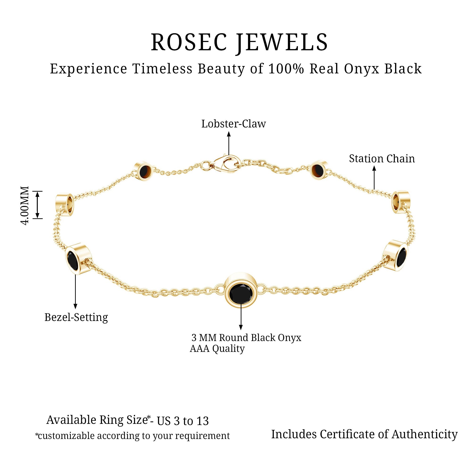 Bezel Set Black Onyx Seven Stone Station Chain Bracelet