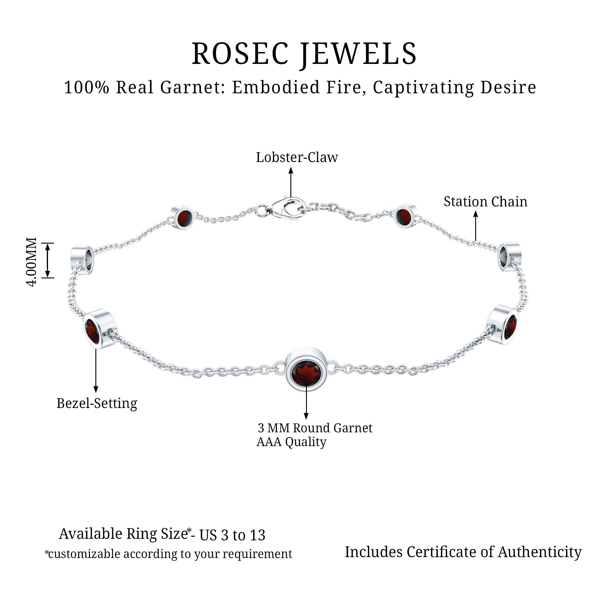 Bezel Set Garnet Seven Stone Station Chain Bracelet