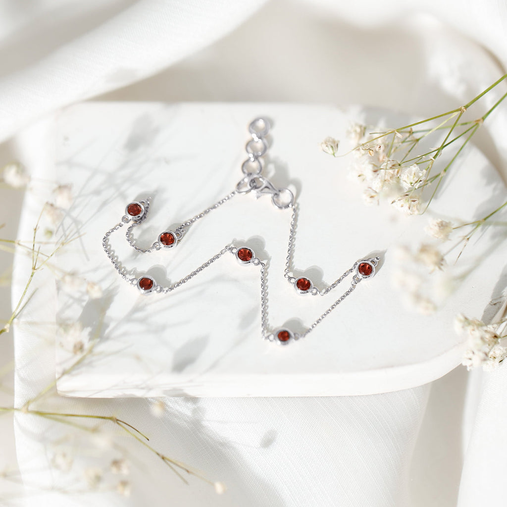 Bezel Set Garnet Seven Stone Station Chain Bracelet