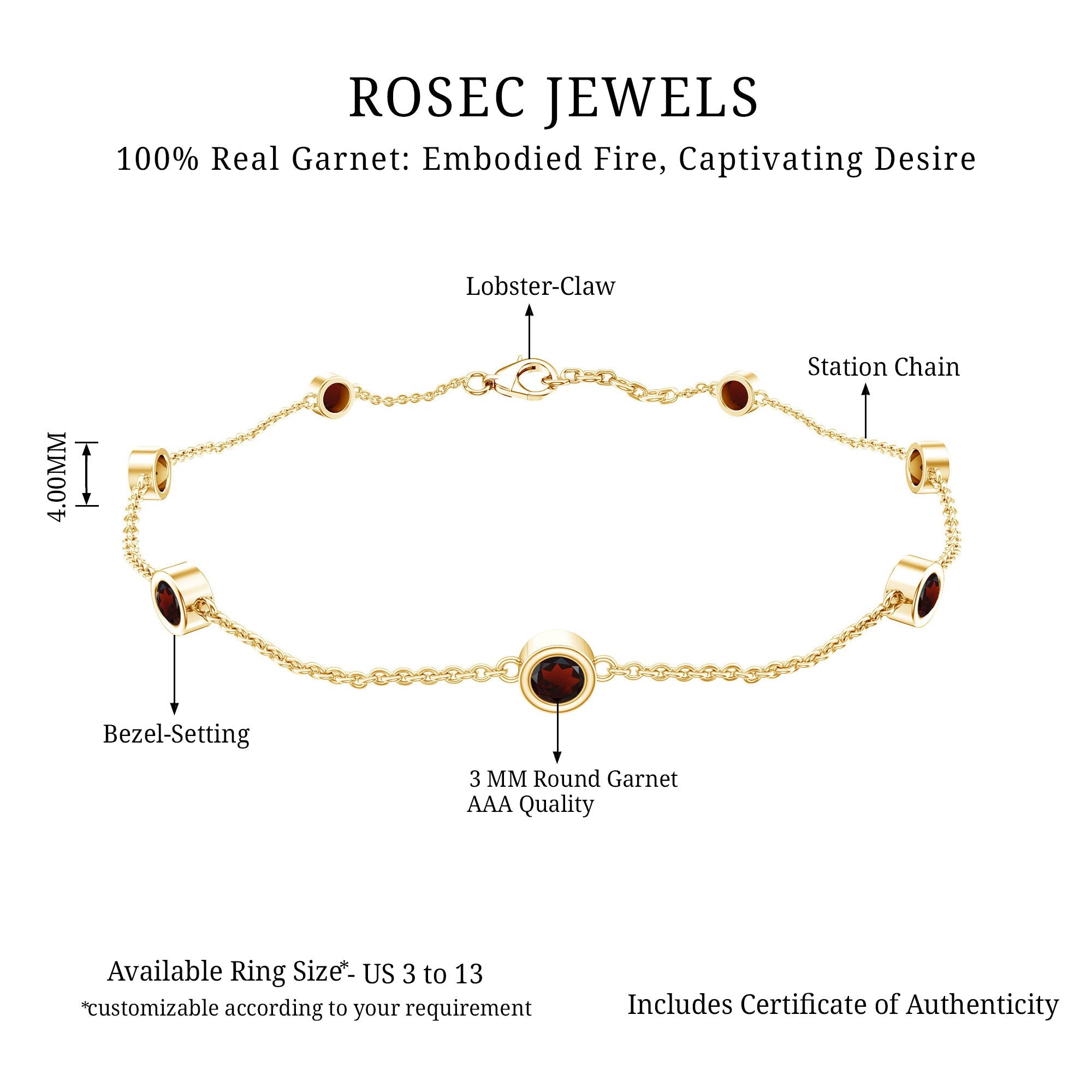 Bezel Set Garnet Seven Stone Station Chain Bracelet