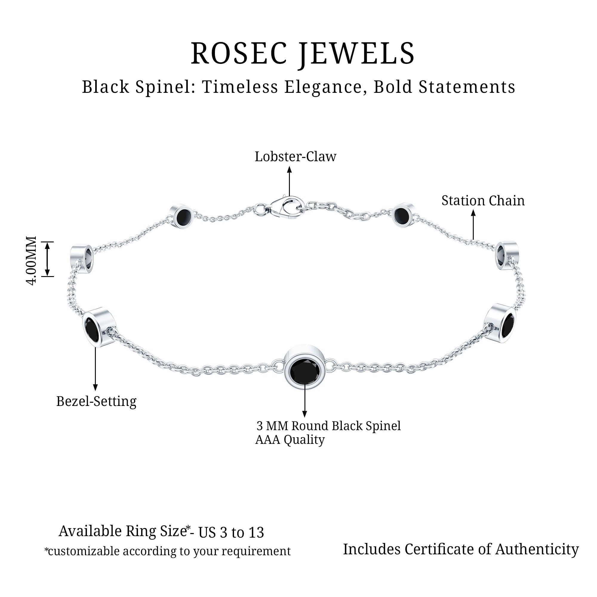 Natural Black Spinel 7 Stone Station Chain Bracelet