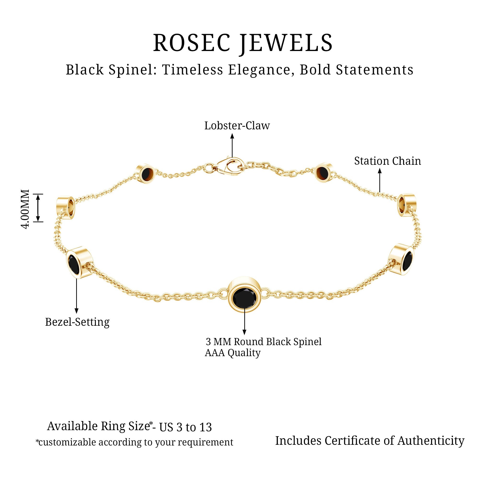Natural Black Spinel 7 Stone Station Chain Bracelet