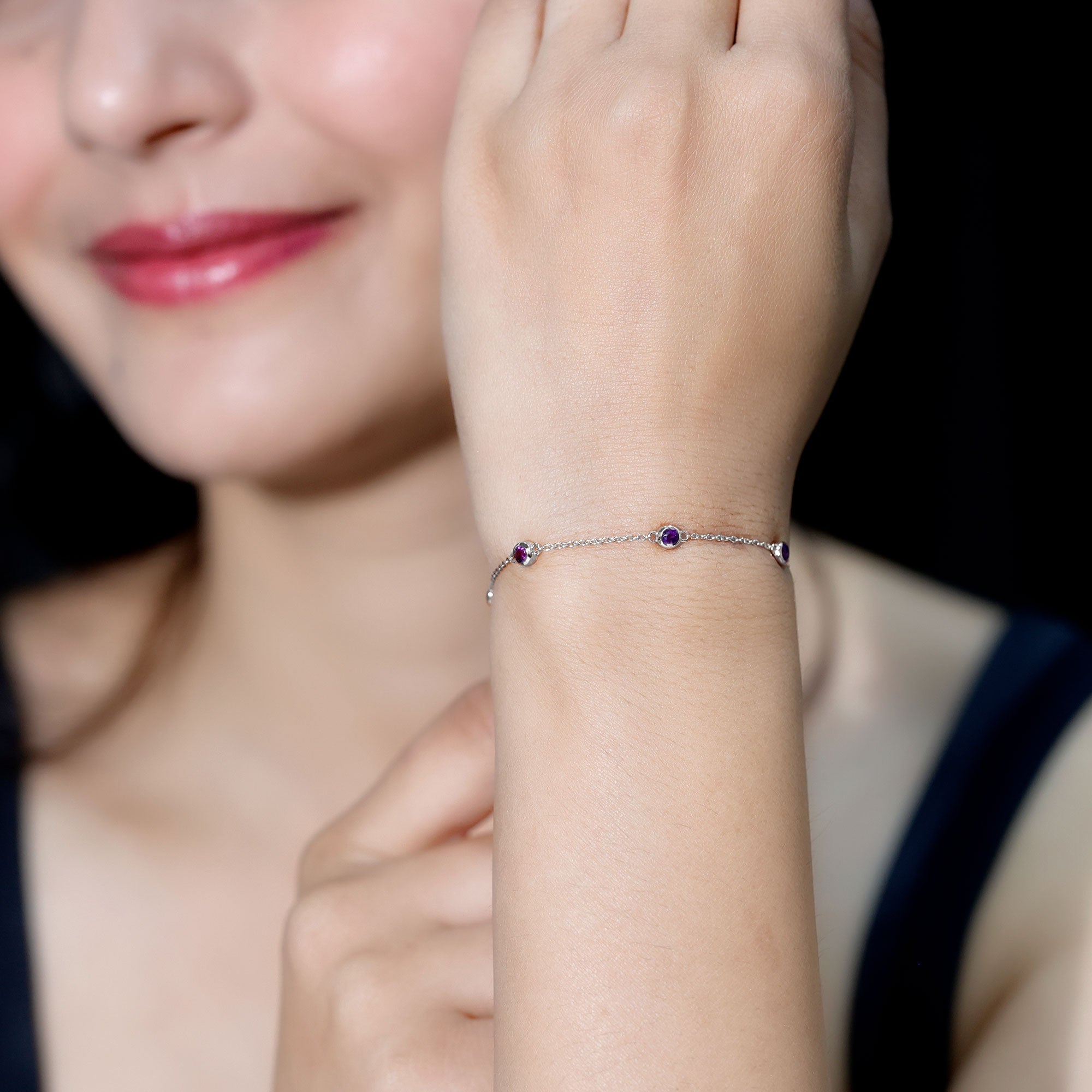 Real Amethyst Chain Bracelet in Bezel Setting