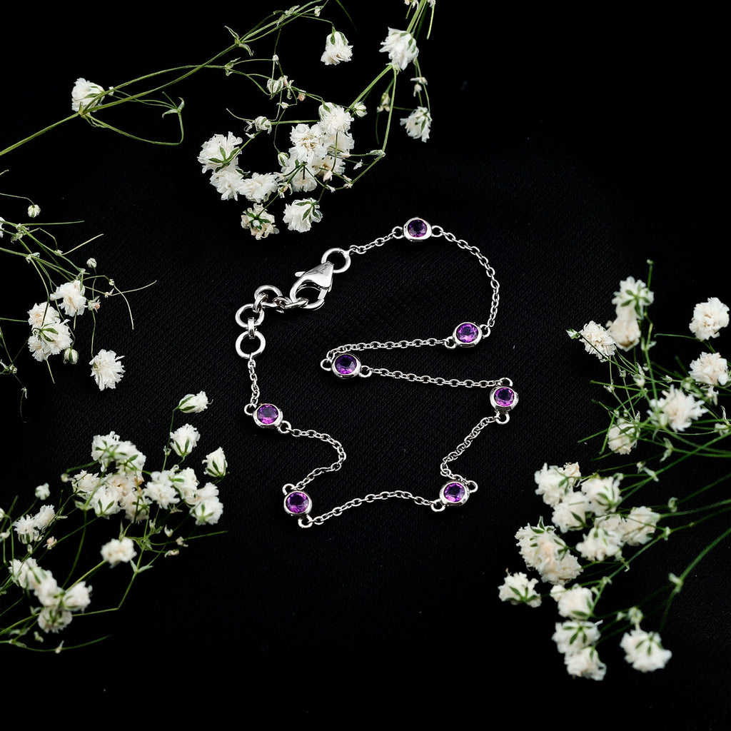 Real Amethyst Chain Bracelet in Bezel Setting