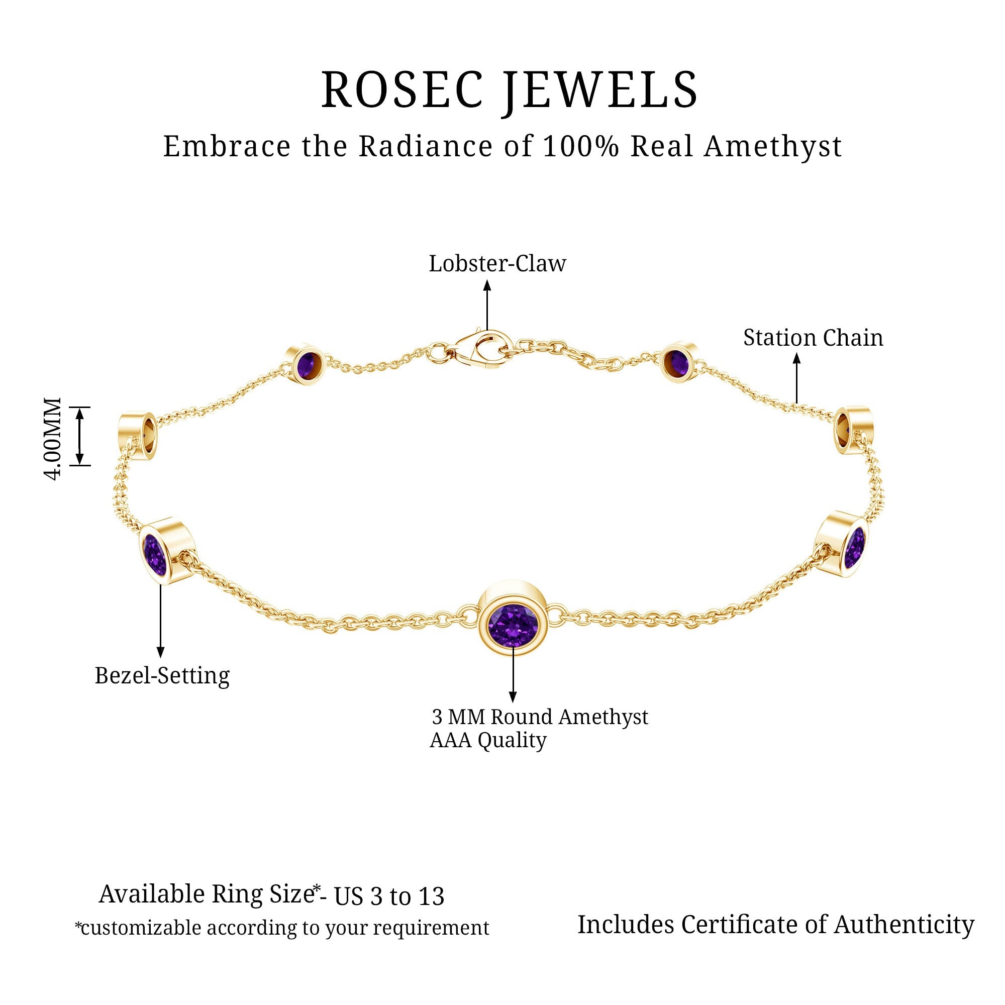 Real Amethyst Chain Bracelet in Bezel Setting