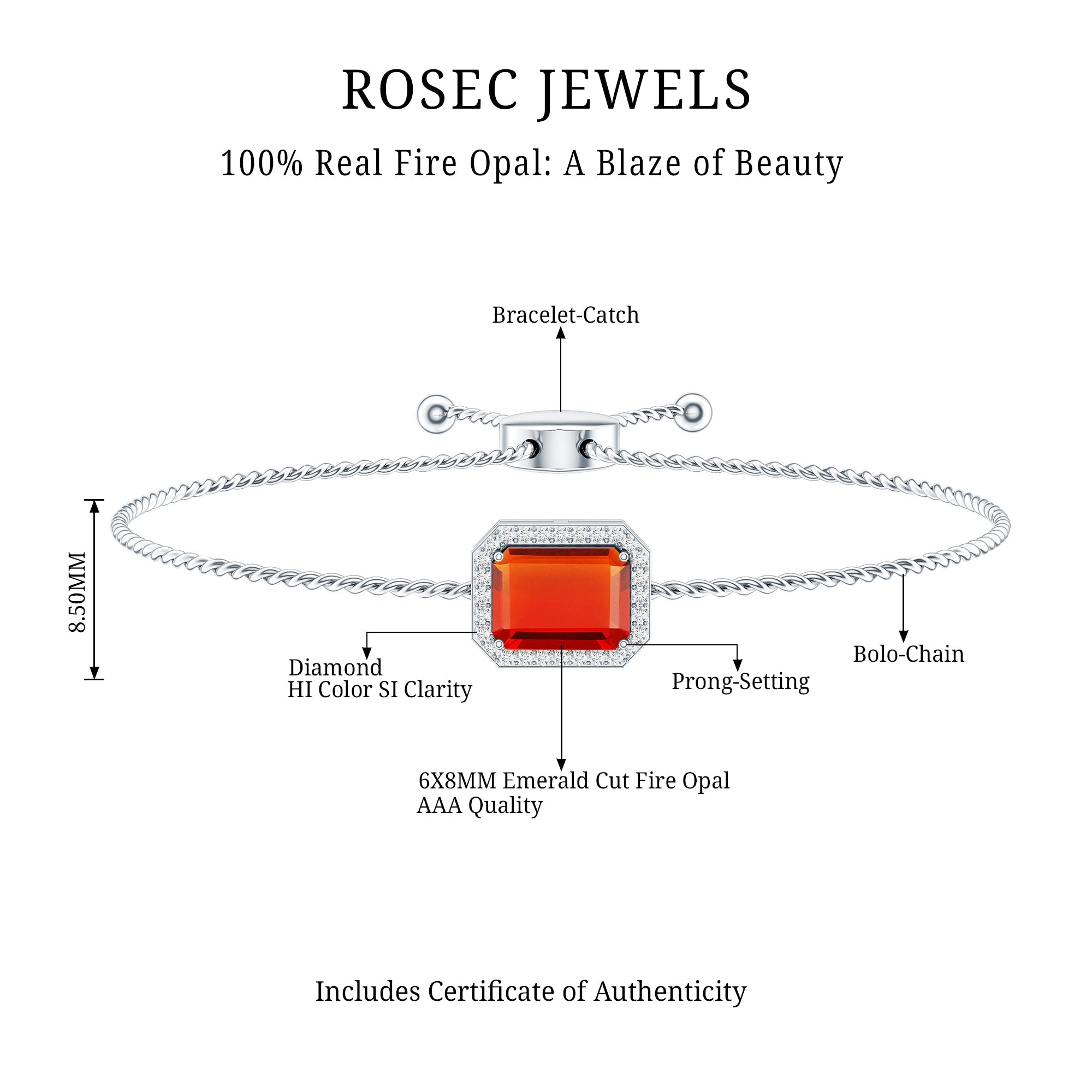 Real 1 Carat Emerald Cut Fire Opal Bolo Bracelet with Diamond Halo