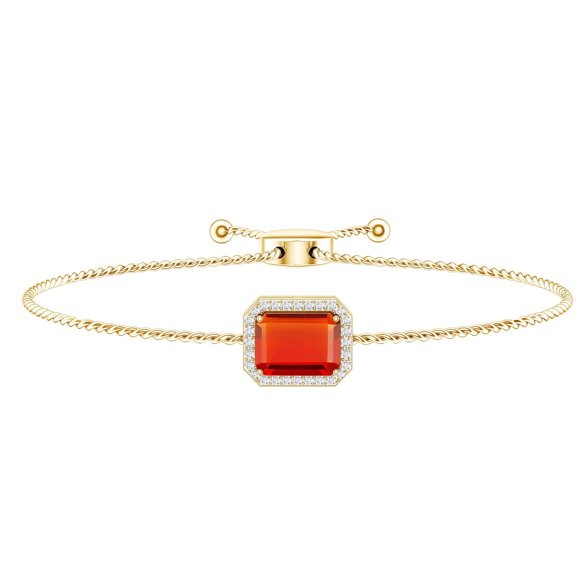 Real 1 Carat Emerald Cut Fire Opal Bolo Bracelet with Diamond Halo | Bracelet | Wiccan Center