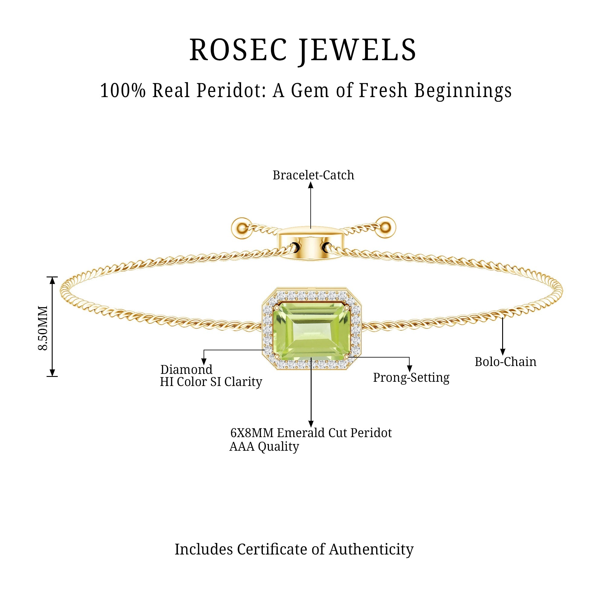 1.8 Carat Emerald Cut Peridot and Diamond Bolo Chain Bracelet