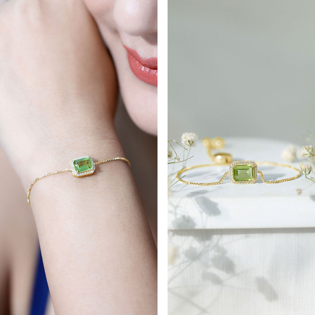 1.8 Carat Emerald Cut Peridot and Diamond Bolo Chain Bracelet