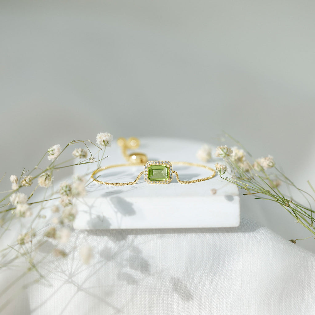 1.8 Carat Emerald Cut Peridot and Diamond Bolo Chain Bracelet