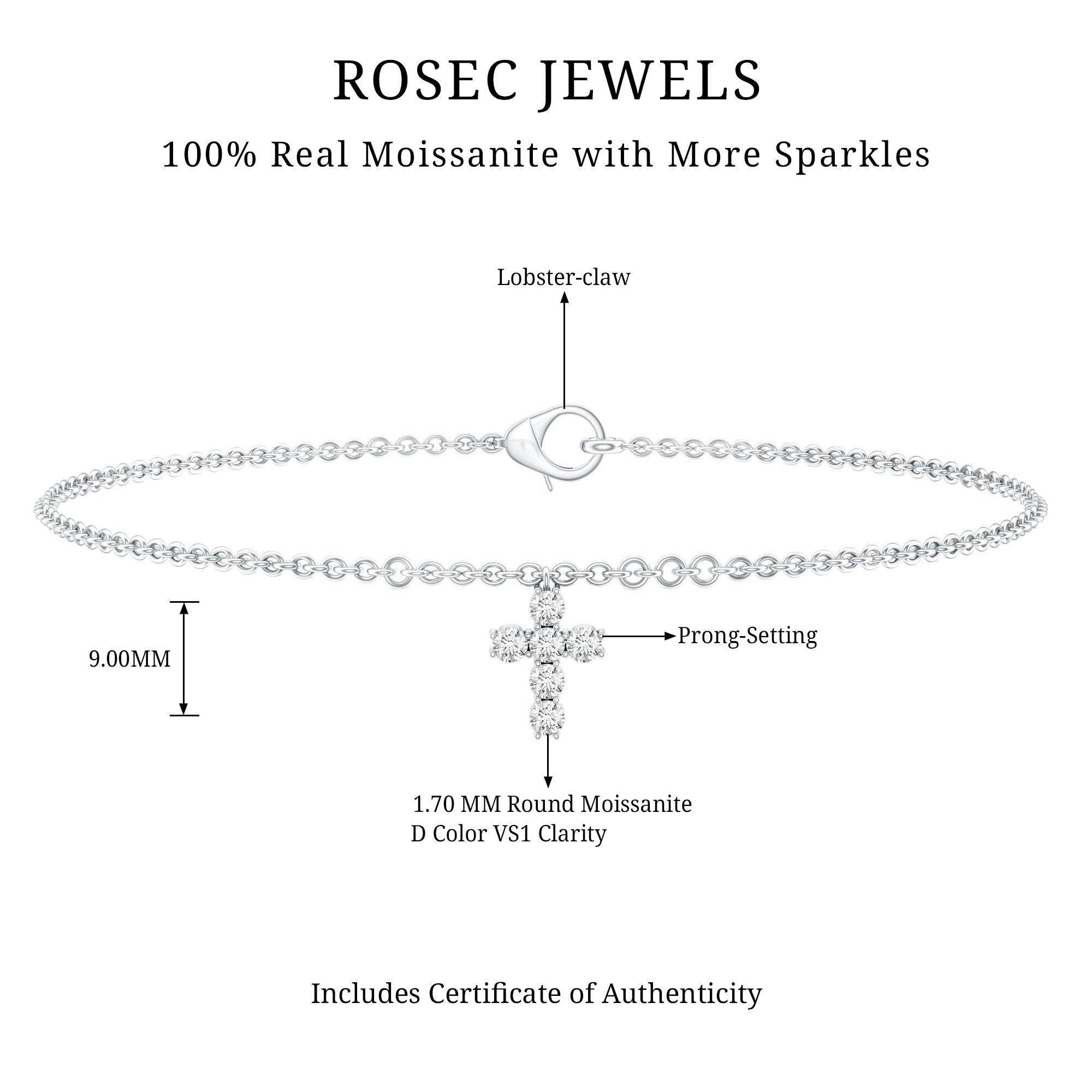 Certified Moissanite Cross Charm Chain Bracelet for Women