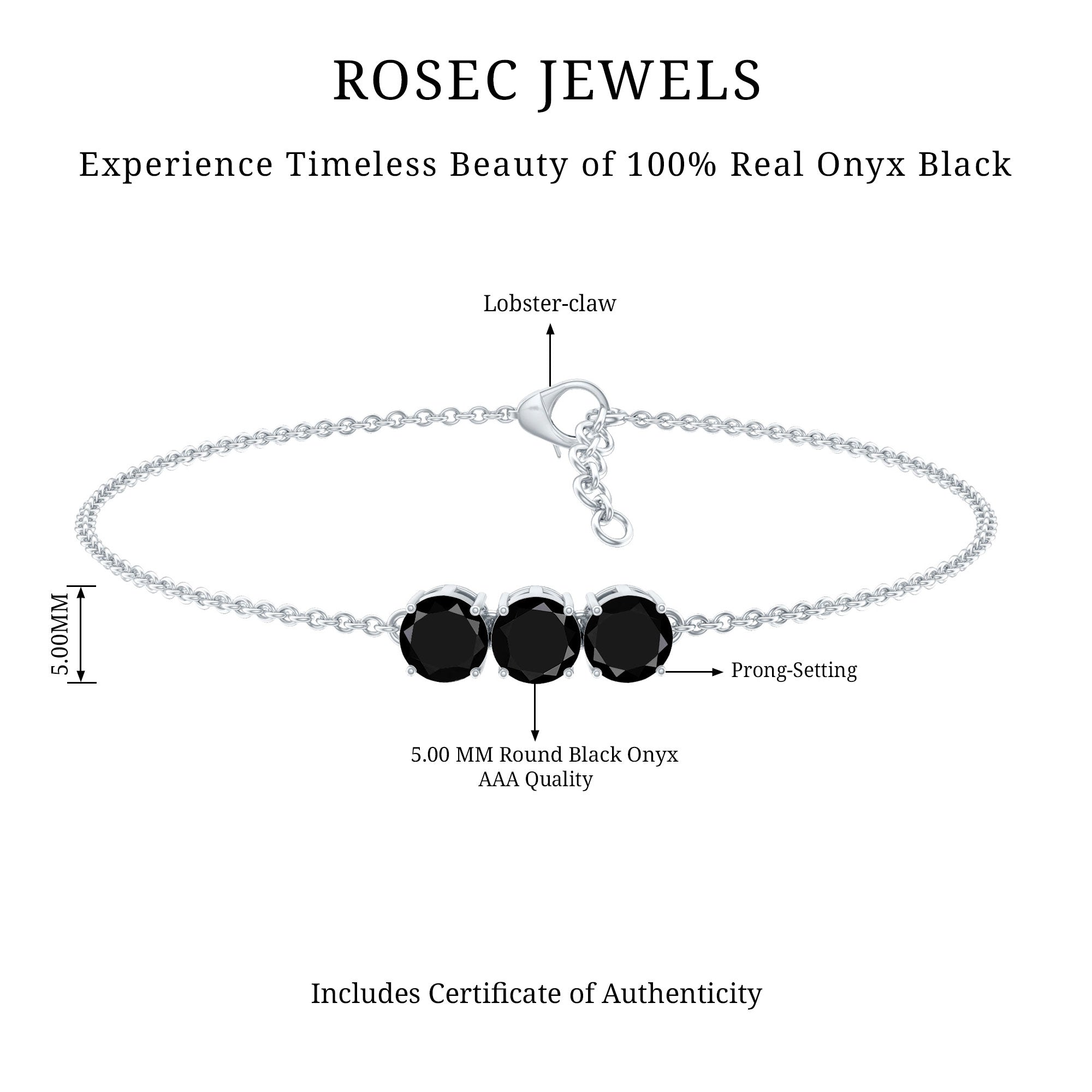 Black Onyx Three Stone Chain Bracelet with Certificate
