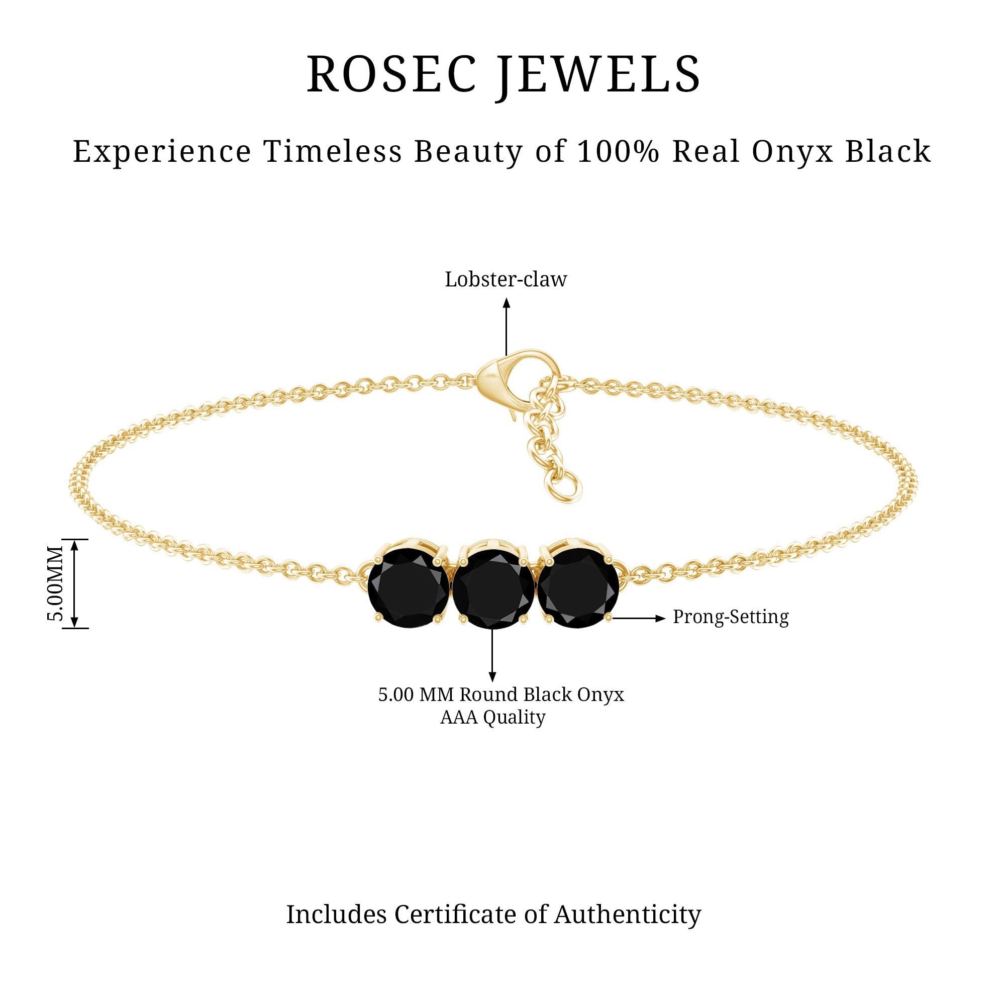 Black Onyx Three Stone Chain Bracelet with Certificate