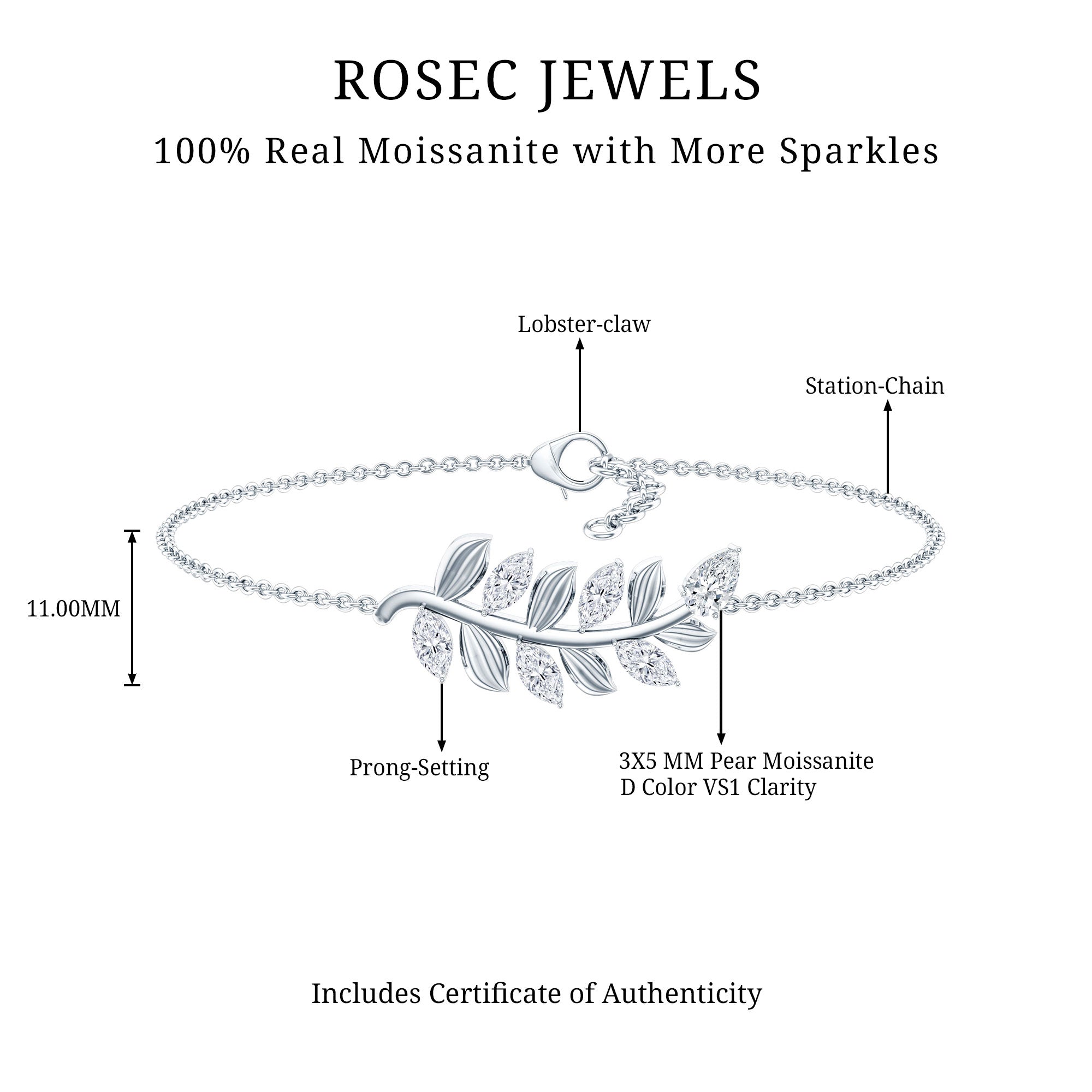 Certified Moissanite Leaf Chain Bracelet for Women