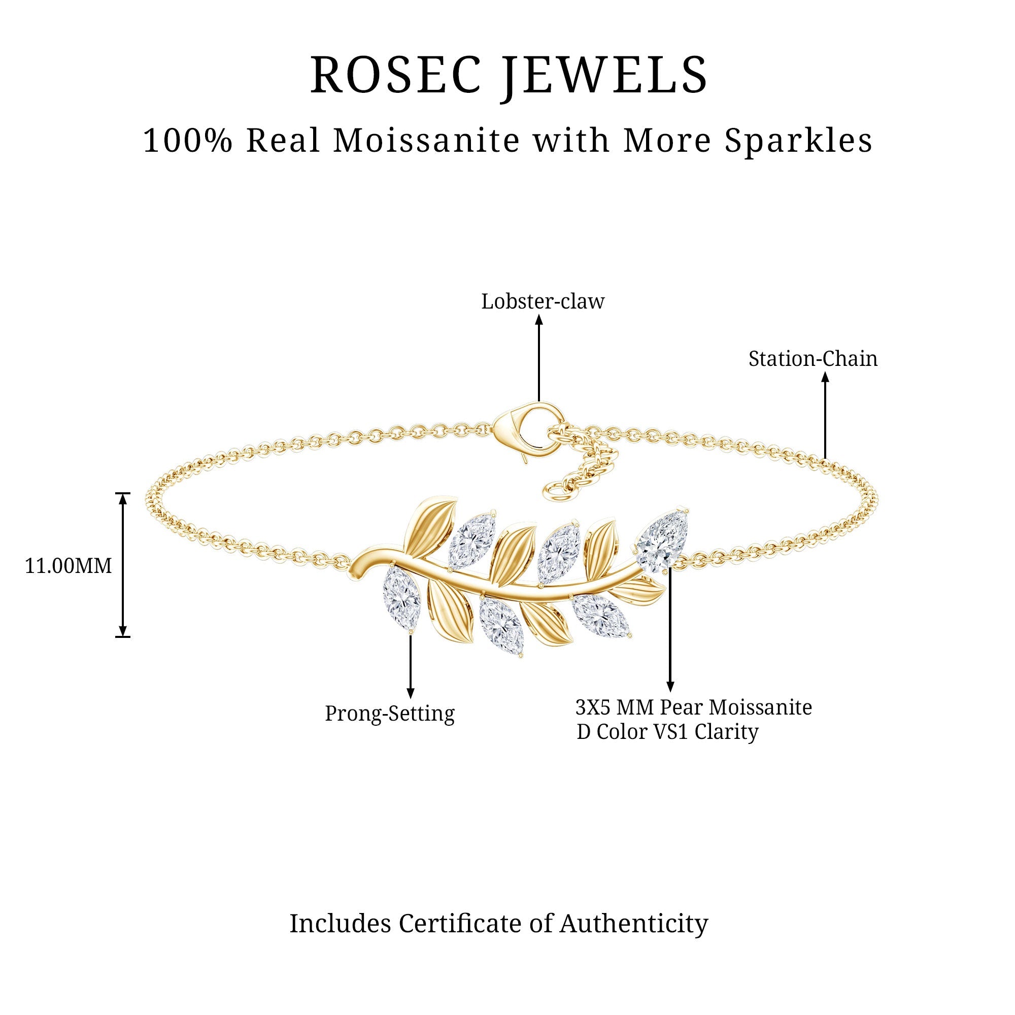 Certified Moissanite Leaf Chain Bracelet for Women