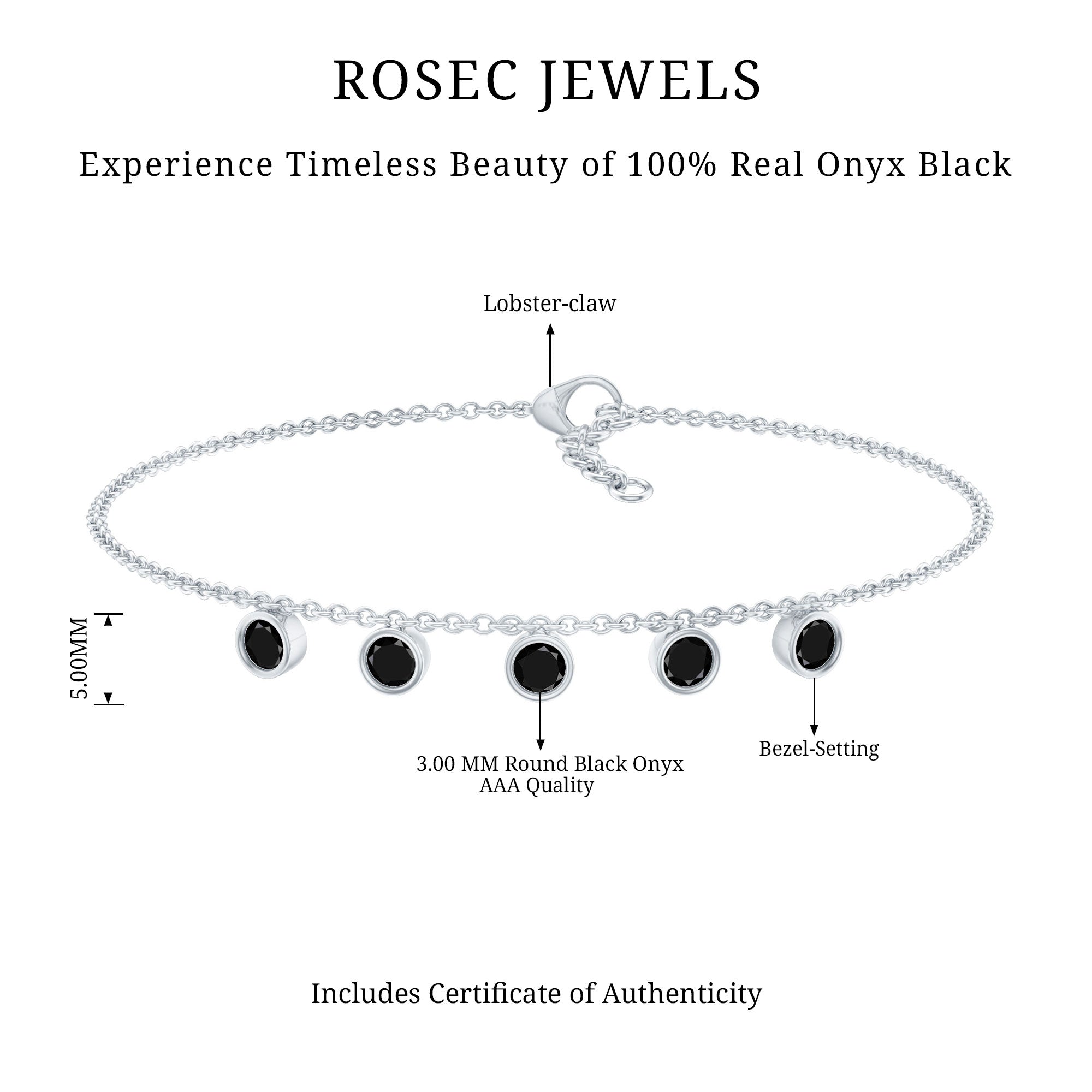 Certified Five Stone Black Onyx Charm Bracelet for Women