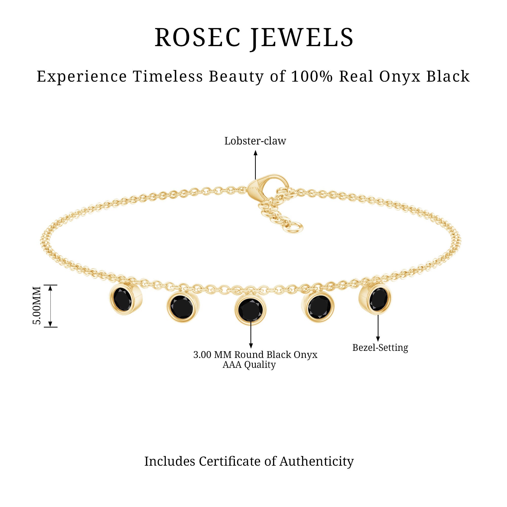 Certified Five Stone Black Onyx Charm Bracelet for Women