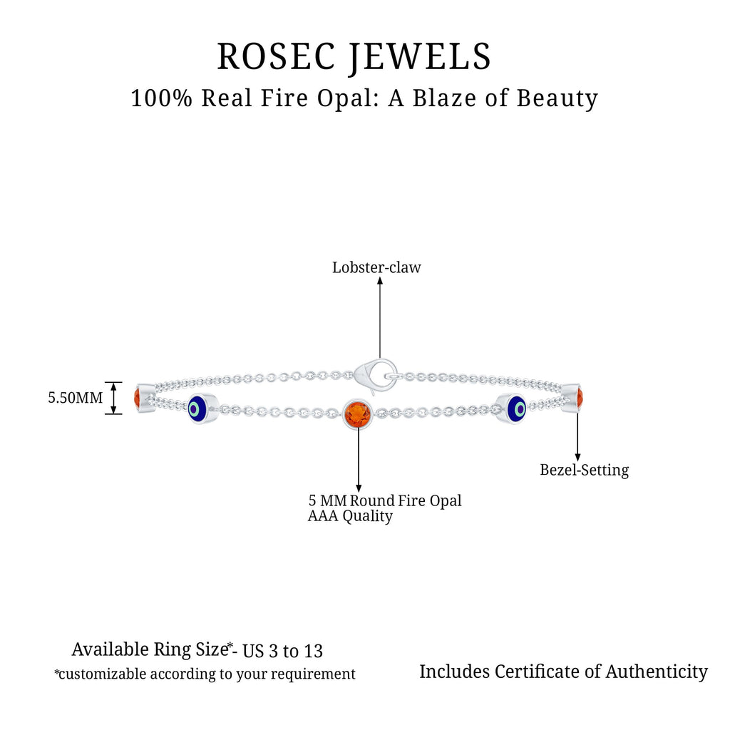 Bezel Set Fire Opal Evil Eye Station Bracelet for Women